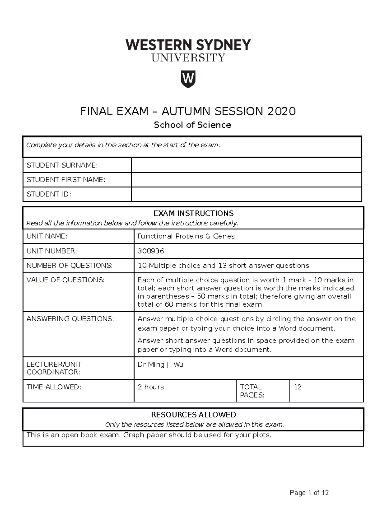 Final 23 June Autumn 2020 FINAL EXAM AUTUMN SESSION 2020 School of