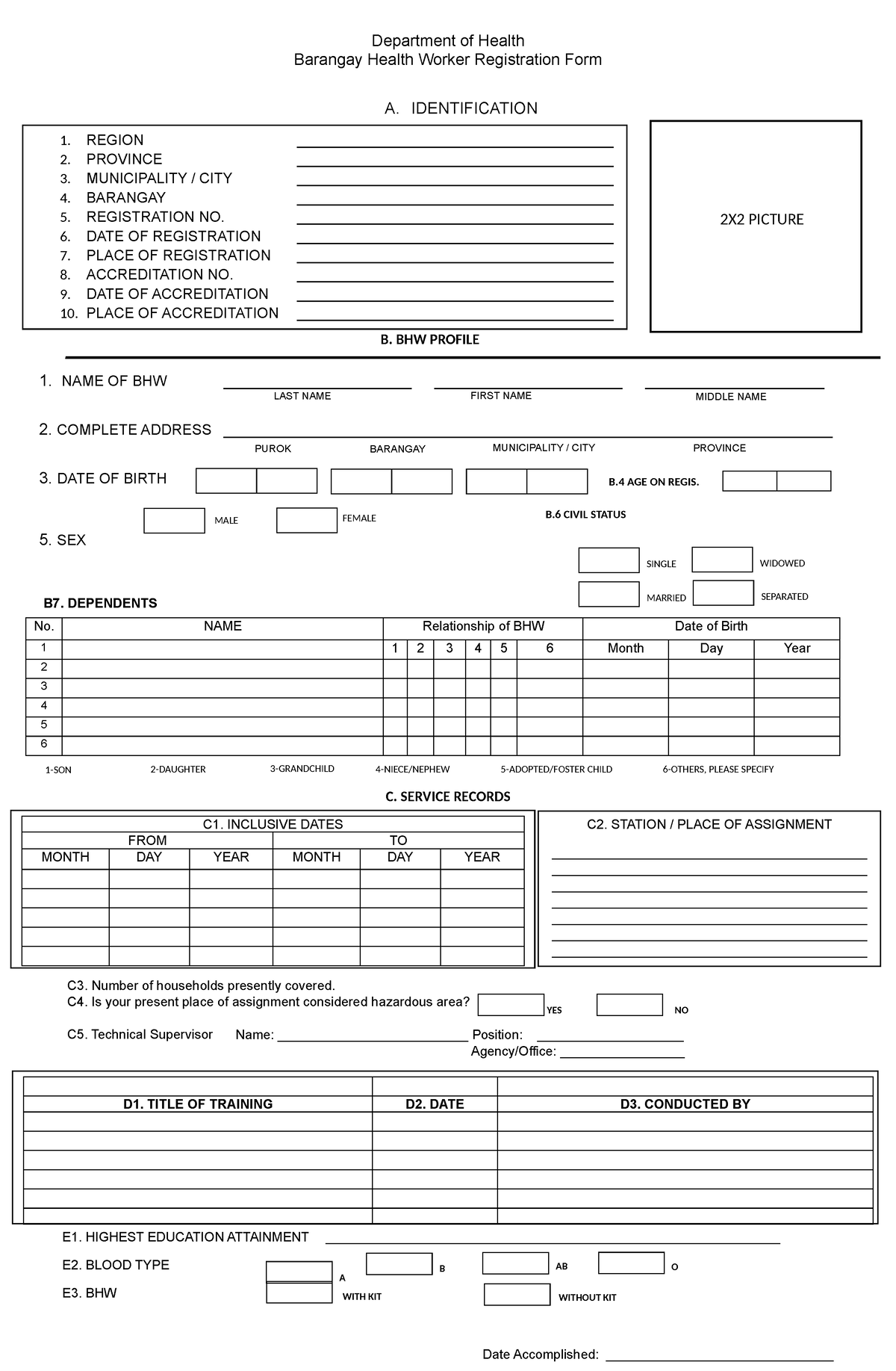 Bhw-registration-form - Department Of Health Barangay Health Worker 