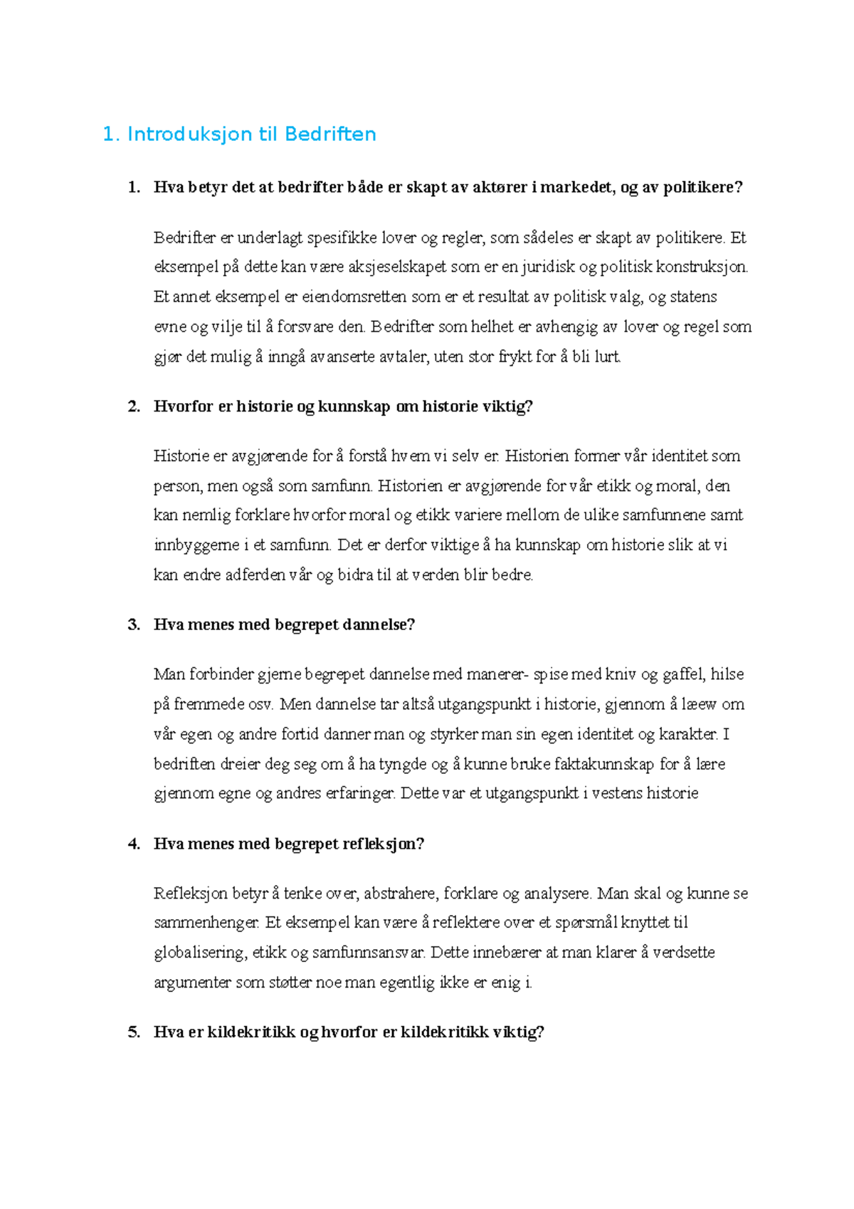 Bedriften - alle mulige eksamensspørsmål med svar - 1. Introduksjon til ...