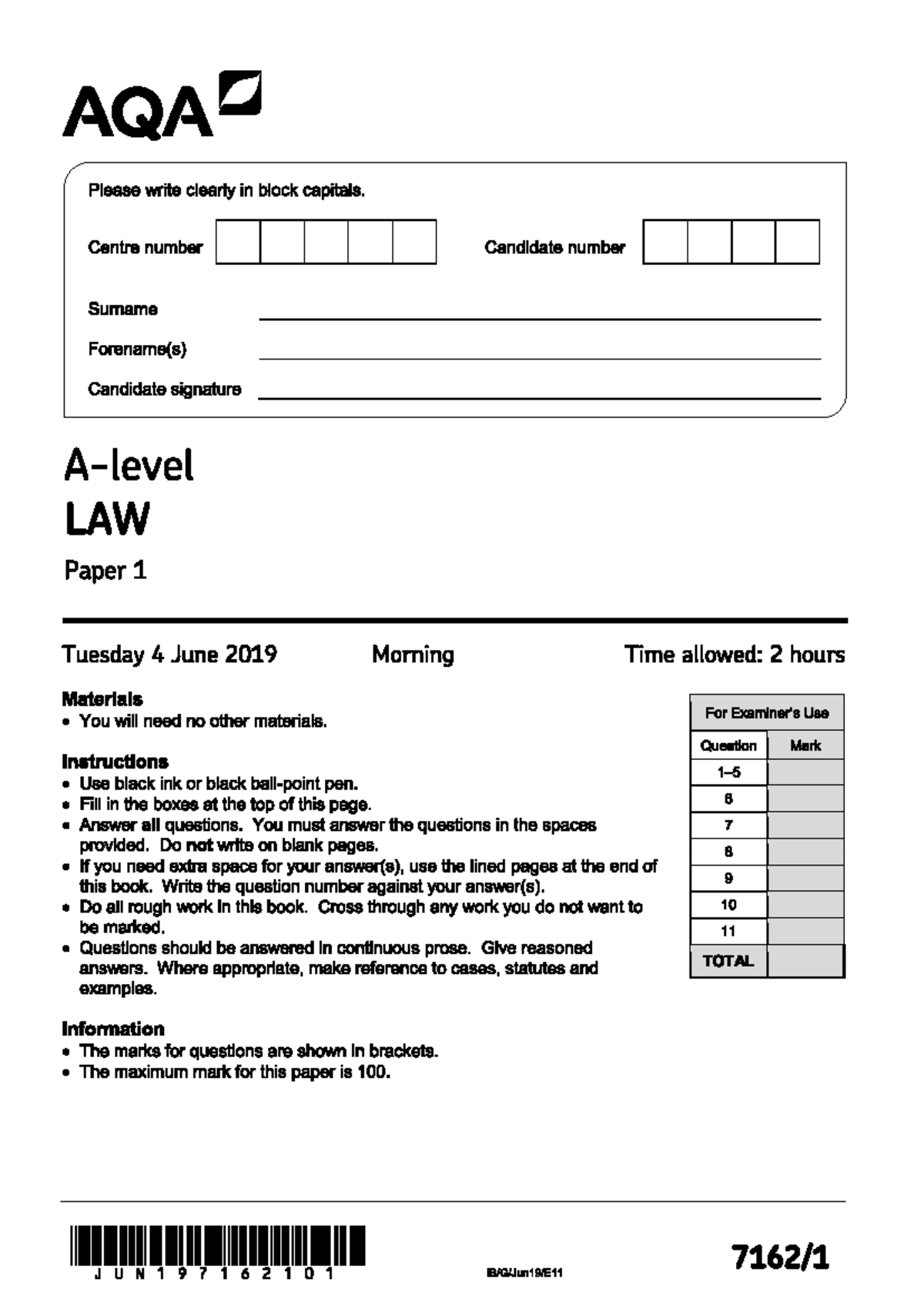2019 law - Past paper 2 for tort law aqa - Studocu