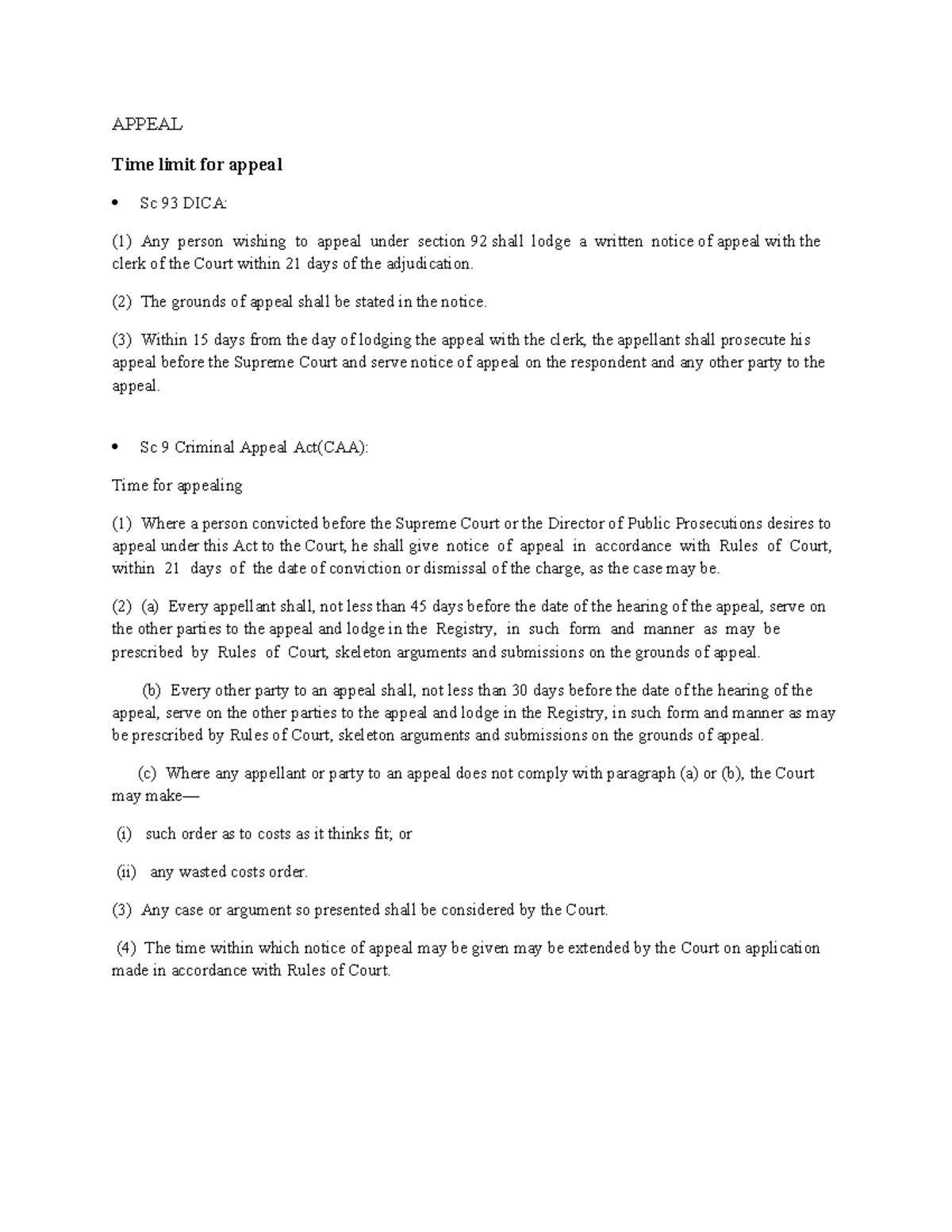 ( Criminal Procedure) - APPEAL Time limit for appeal Sc 93 DICA: (1 ...