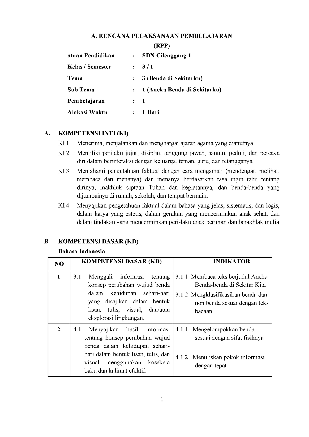 RPP TEMA 3 SUB TEMA 1 K13 REV 2018 - A. RENCANA PELAKSANAAN ...