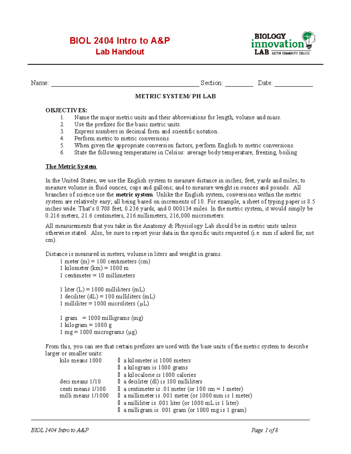 Metric System PH Lab Anatomy and Physiology BIOL 2404 Intro to A&P