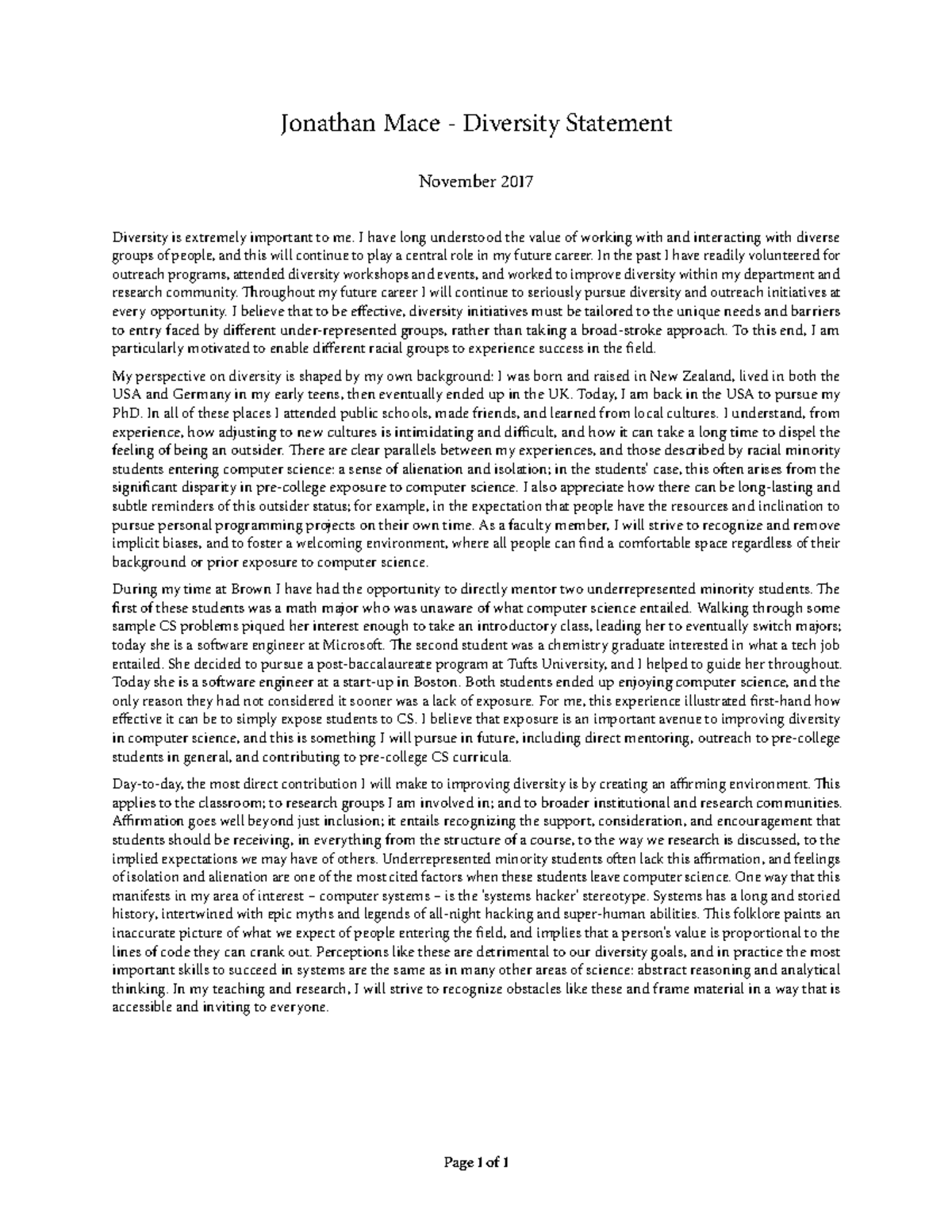 Mace diversity Jonathan Mace Diversity Statement November z§Ë 6