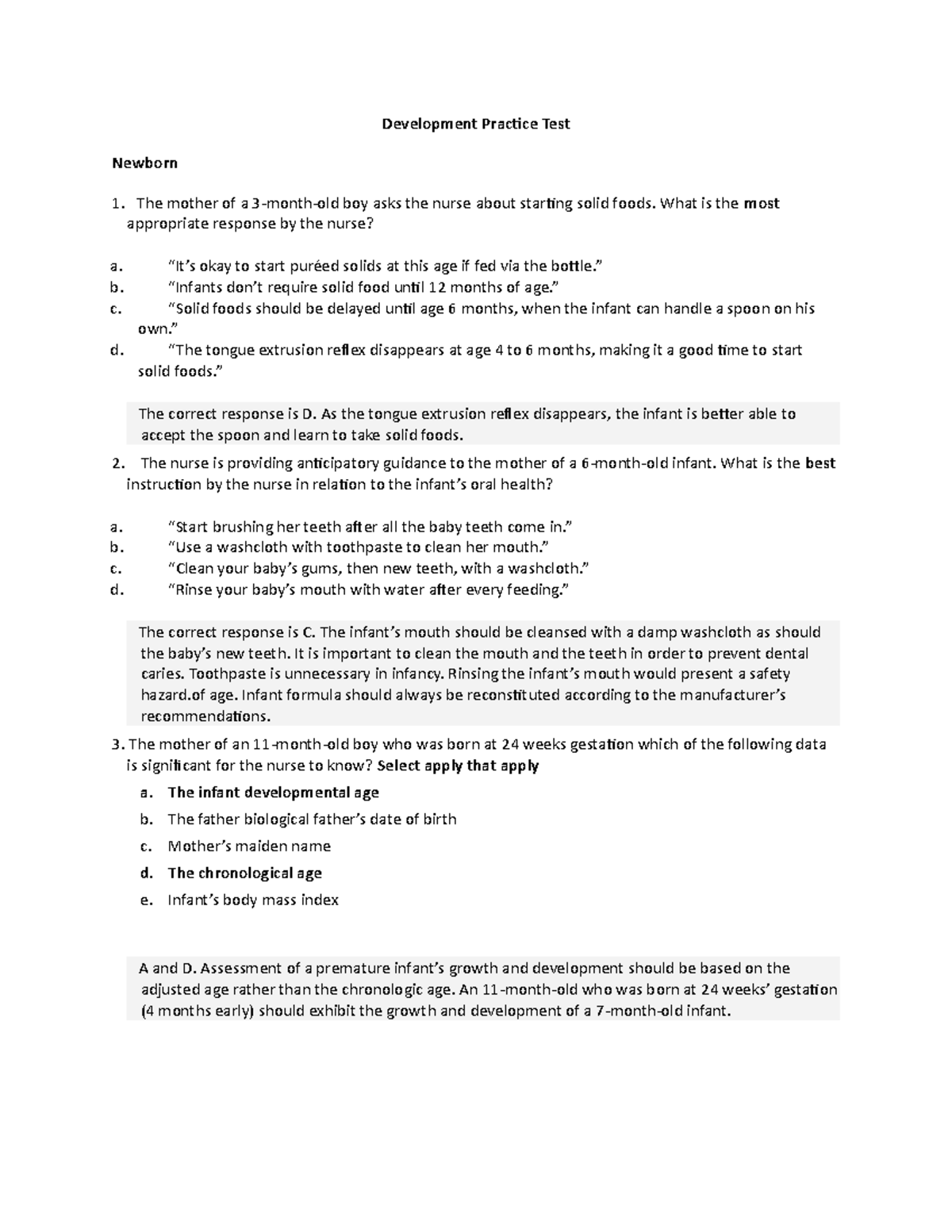 Development Practice Test Key F21 Development Practice Test Newborn