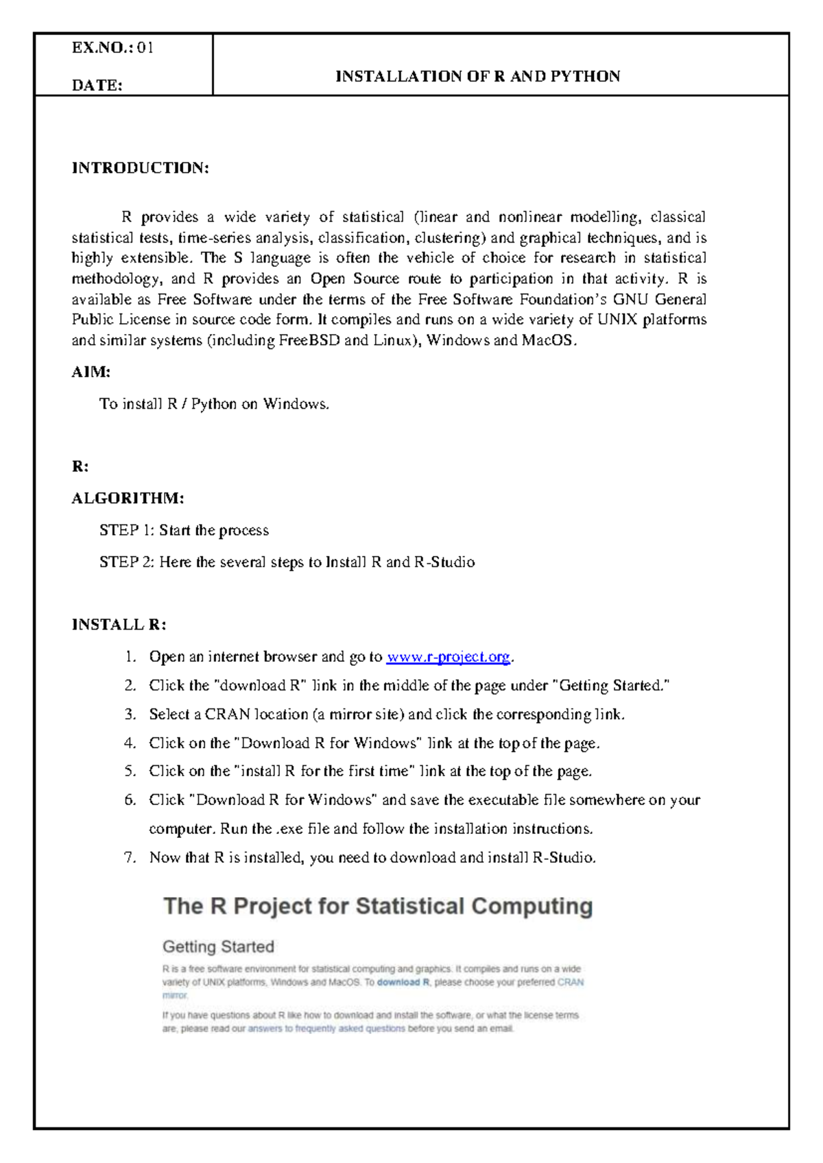 DEV LAB EX NO 1 - INTRODUCTION: R provides a wide variety of ...