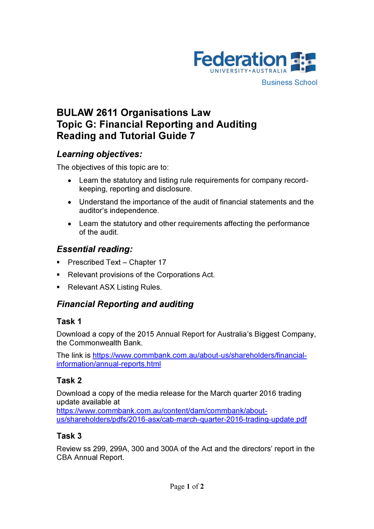 Bulaw 2611 Topic H Reading and Tutorial Guide - Organisation Law 