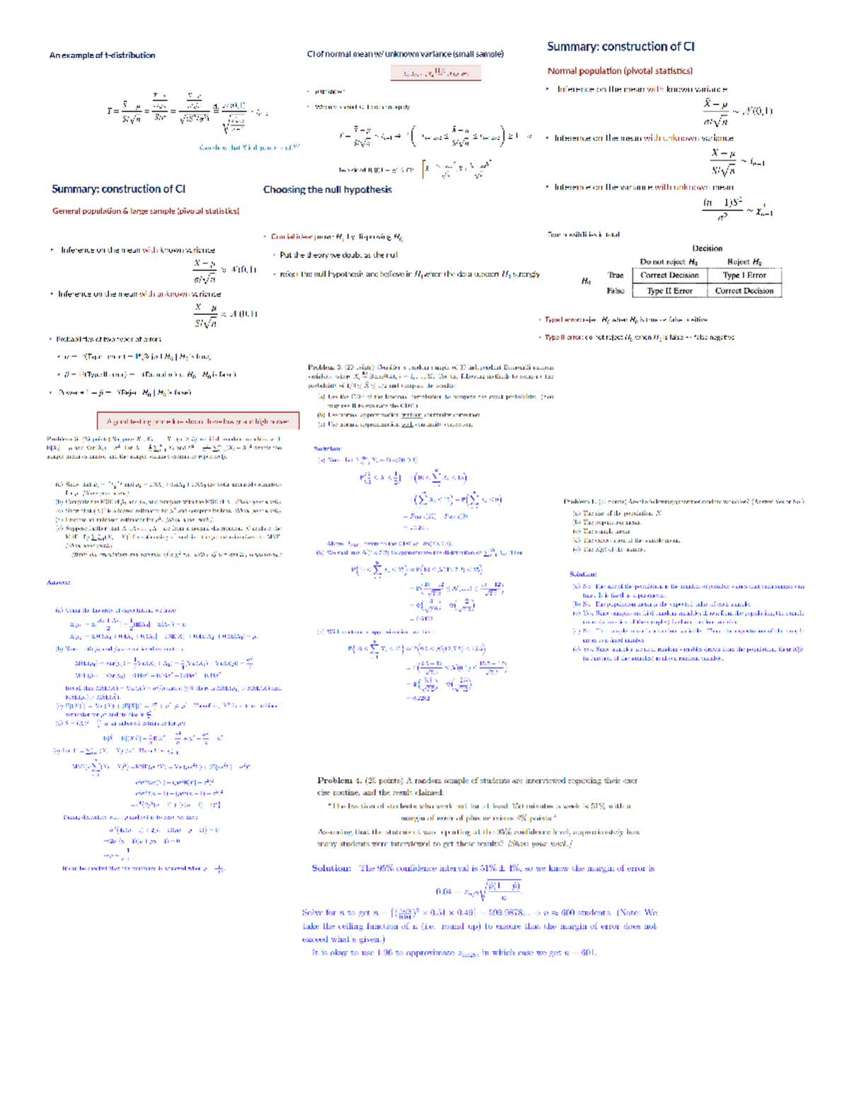 STAT 4310 Midterm 1 Cheat Sheet - Summary: construction of CI An ...