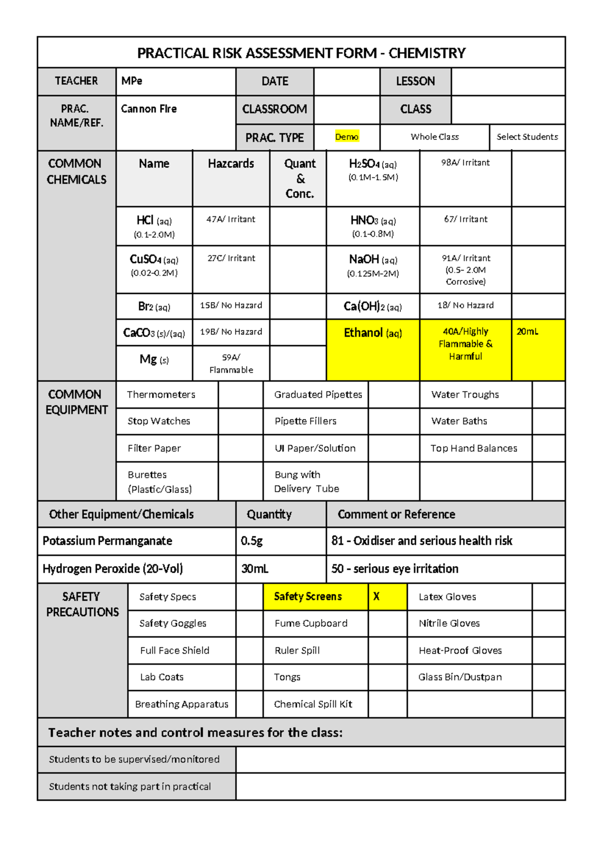 Cannon Fire Risk Assessment PRACTICAL RISK ASSESSMENT FORM