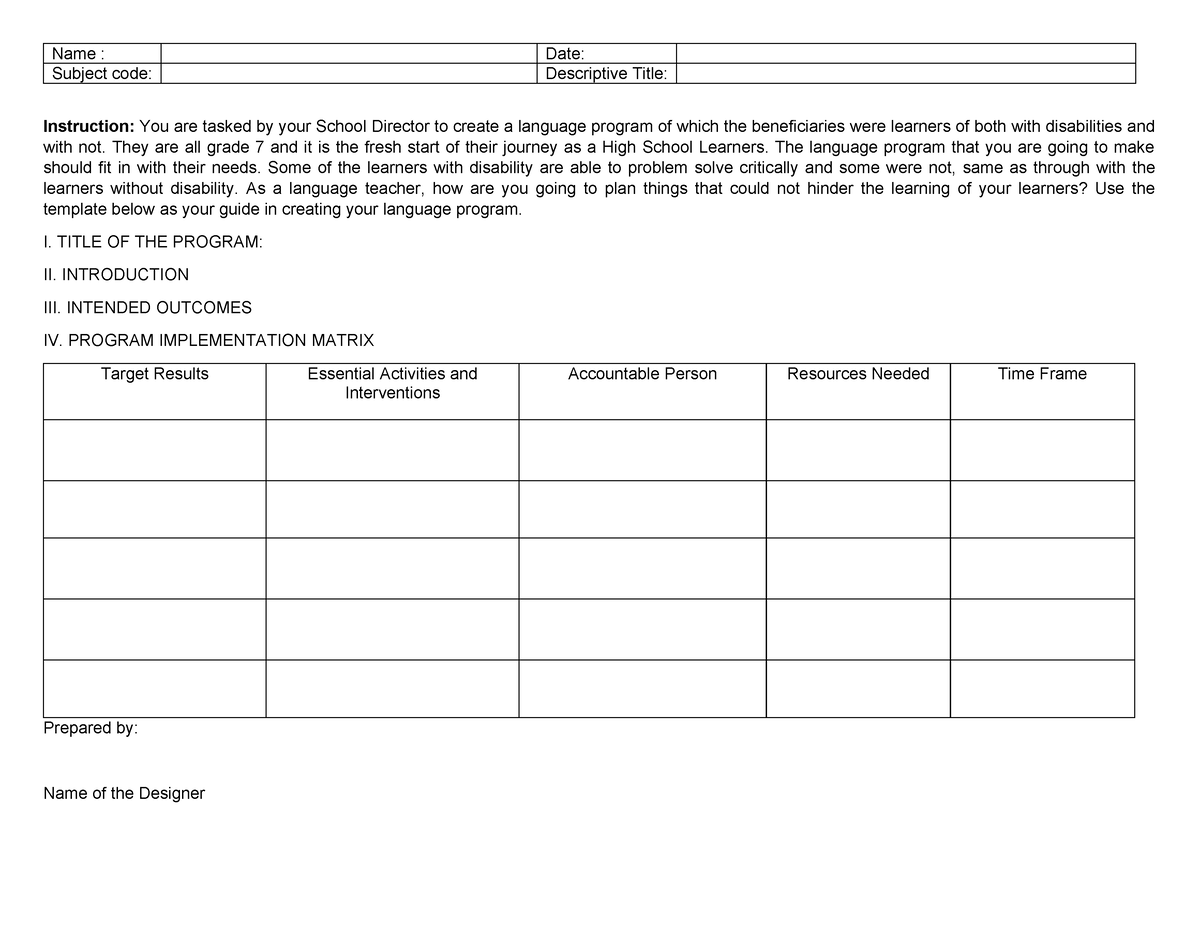 ELT 311 Language Program Matrix - Name : Date: Subject code ...