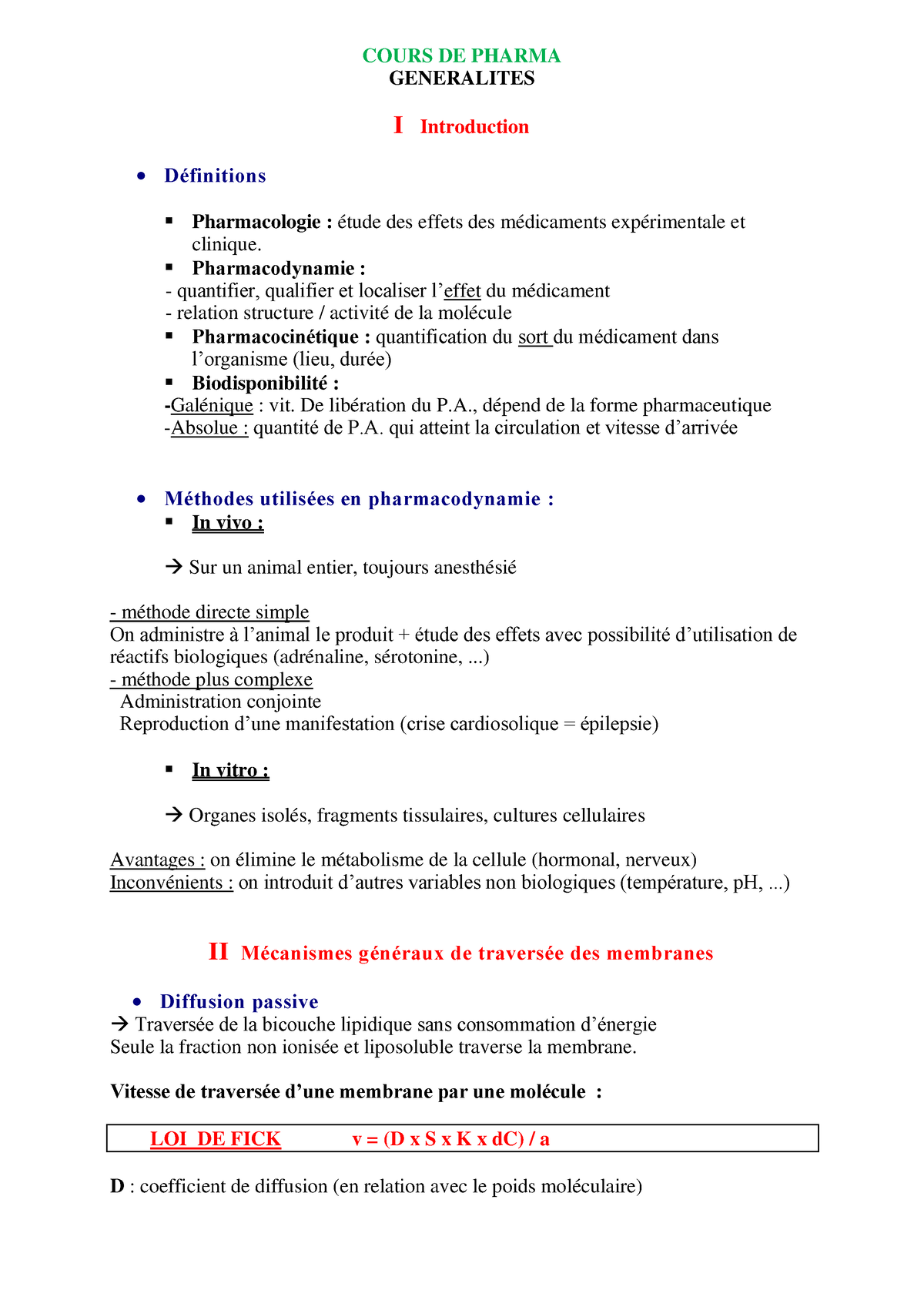 Pharma Generalites - COURS DE PHARMA GENERALITES I Introduction ...