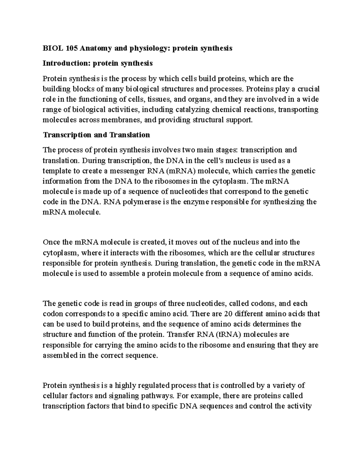BIOL 105 Anatomy and physiology protein synthesis BIOL 105 Anatomy