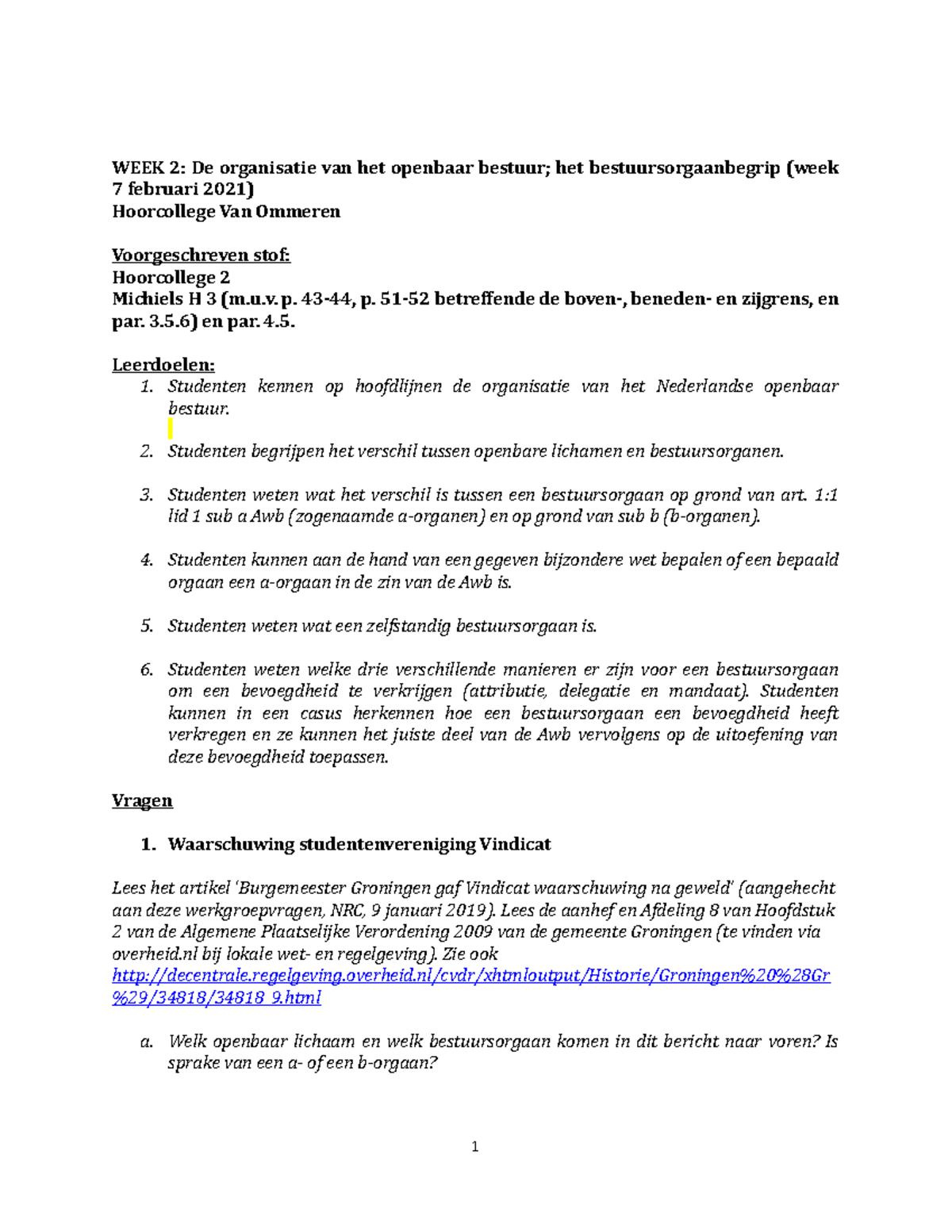 WG 2 - Werkgroepopdrachten - WEEK 2: De Organisatie Van Het Openbaar ...