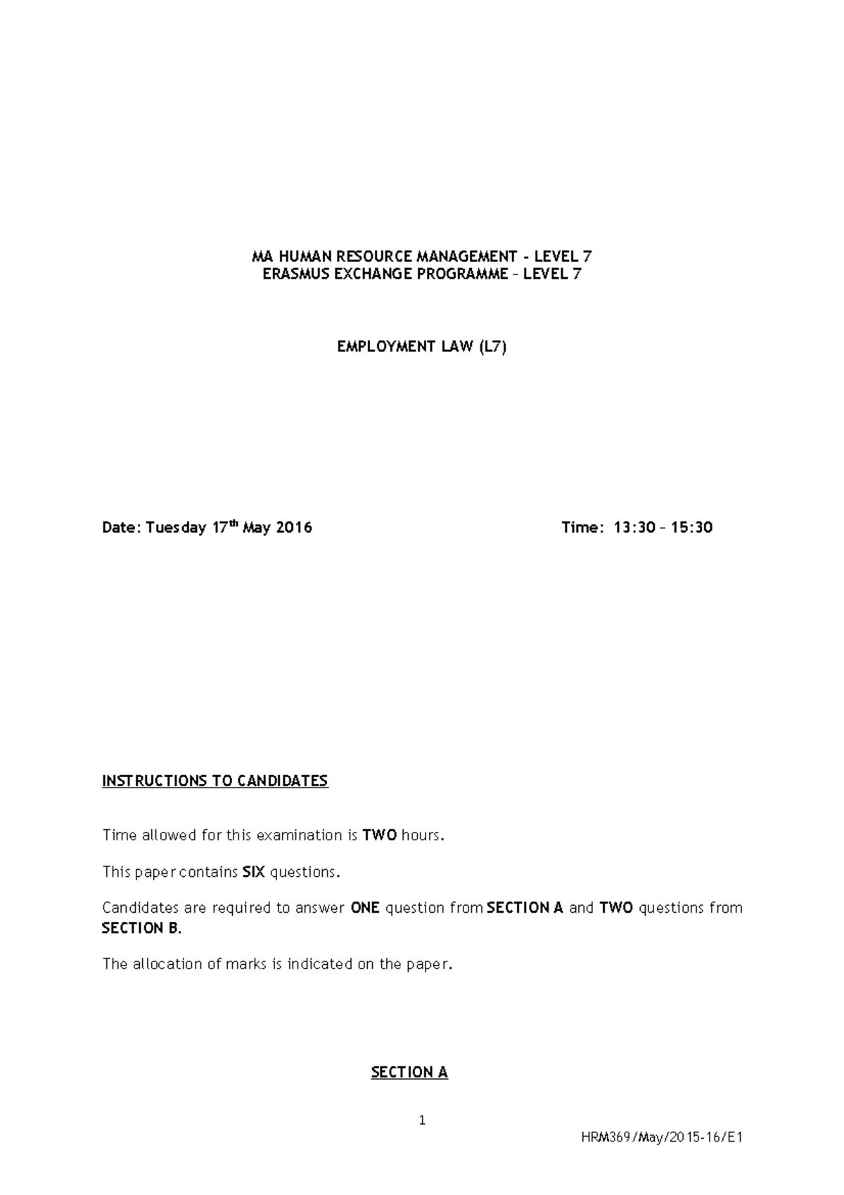 Exam 2015, questions - MA HUMAN RESOURCE MANAGEMENT - LEVEL 7 ERASMUS