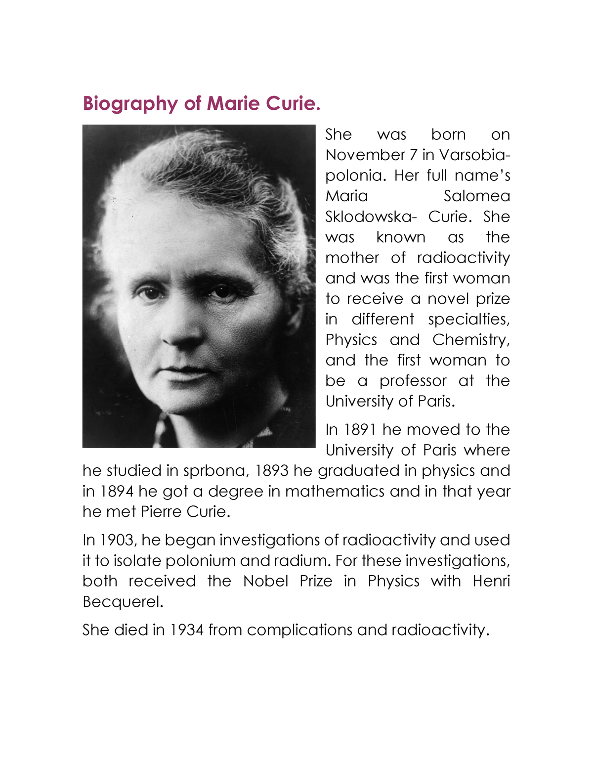 Biography of Marie Curie - She was born on November 7 in Varsobia ...