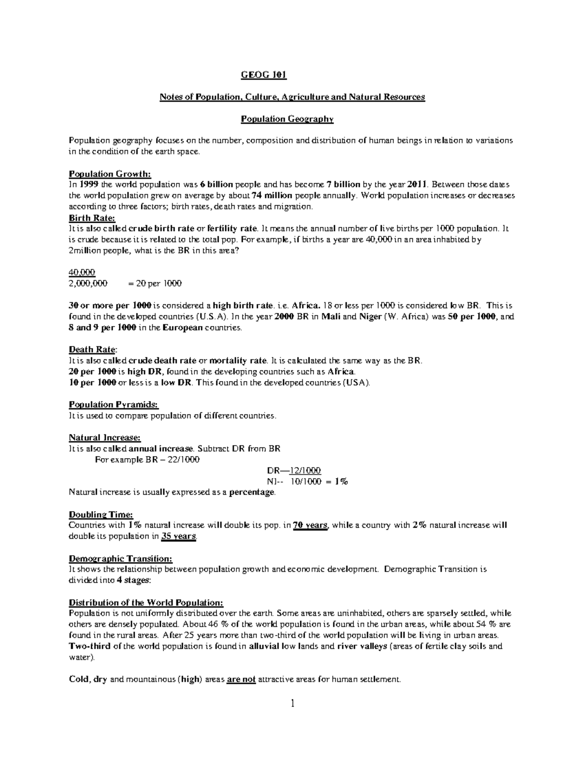 GEOG101 Notes Population Geography - GEOG 101 Notes Of Population ...