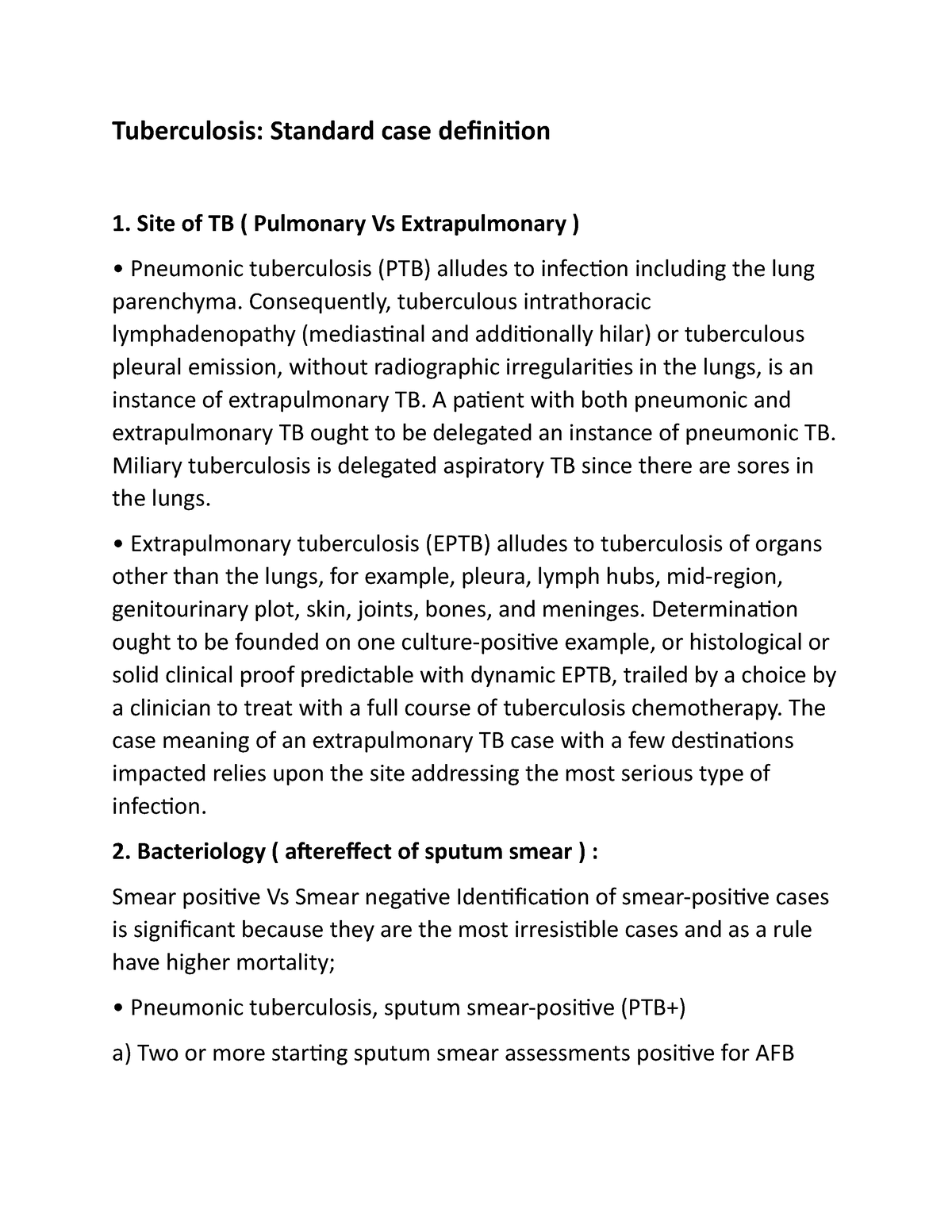 Tuberculosis Standard Case Definition - Tuberculosis: Standard case