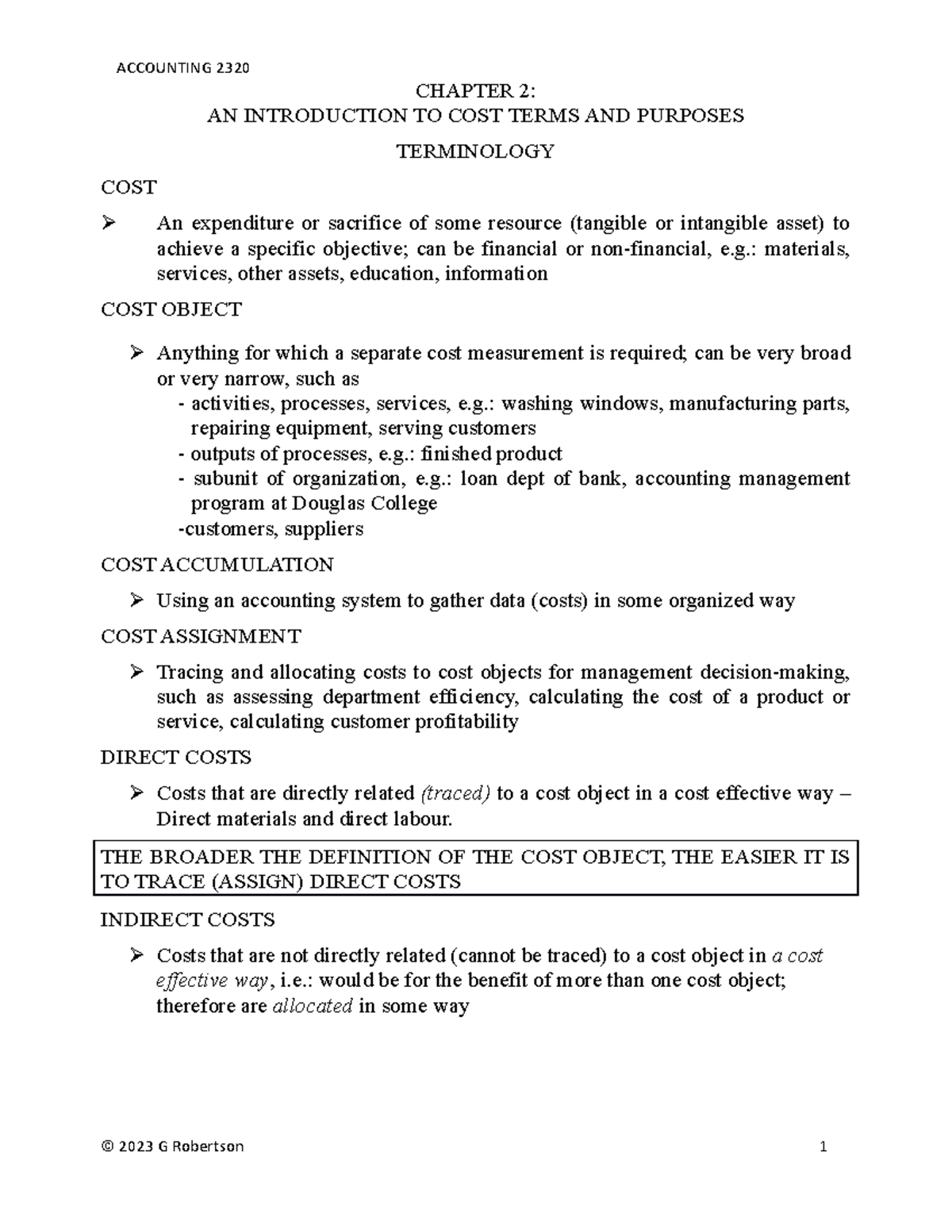Chapter 2 Notes - CHAPTER 2: AN INTRODUCTION TO COST TERMS AND PURPOSES ...