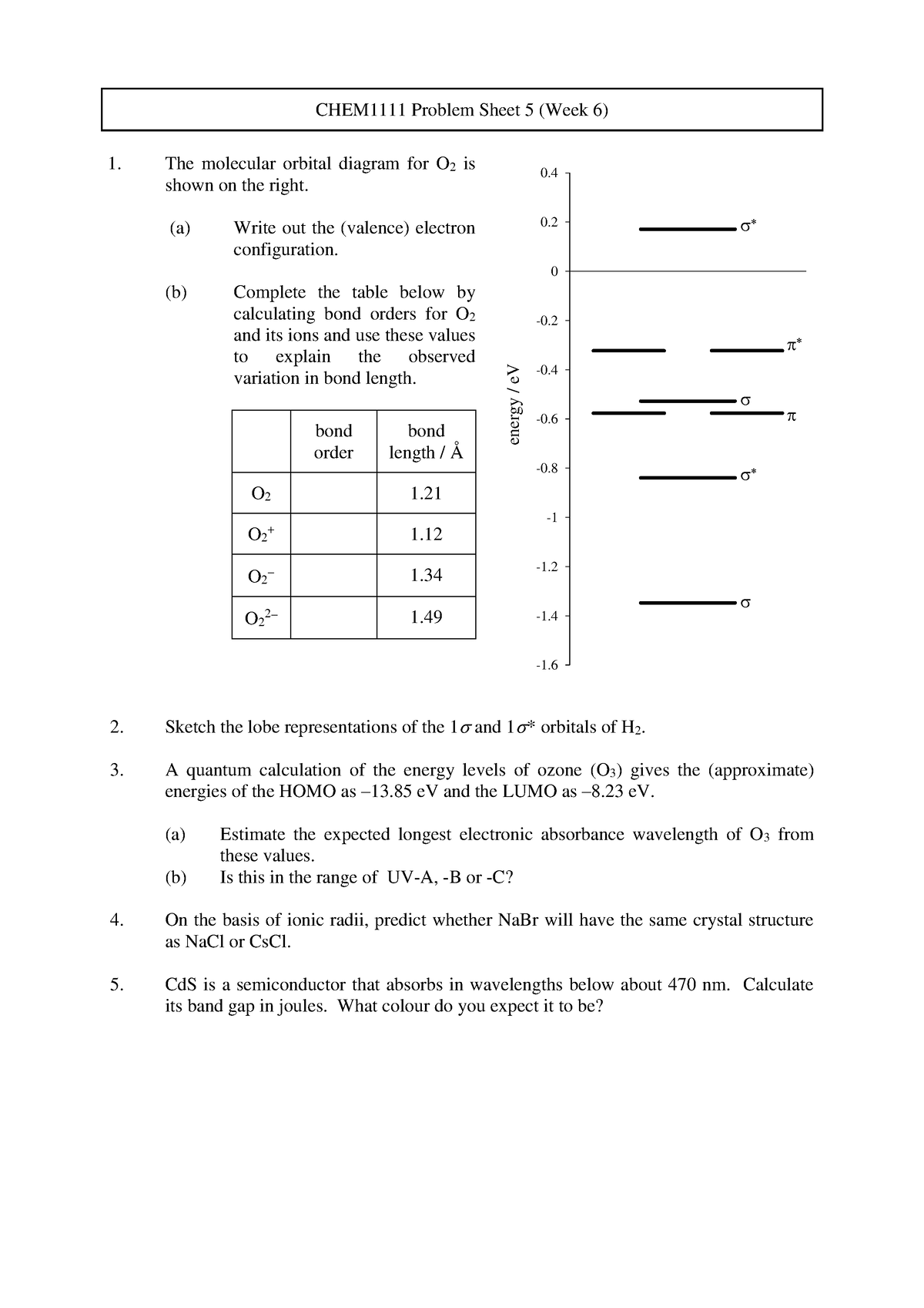 CHEM1111 Homework 06-1 - CHEM1111 Problem Sheet 5 (Week 6) The ...