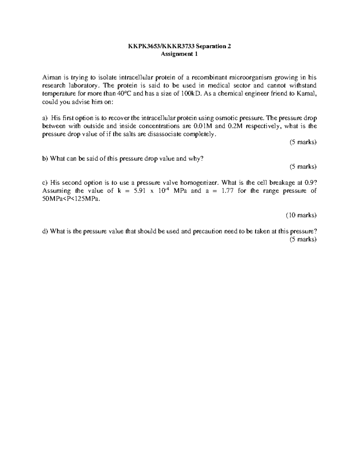 Assignment 1 KKPK3653 - KKPK3653/KKKR3733 Separation 2 Assignment 1 ...