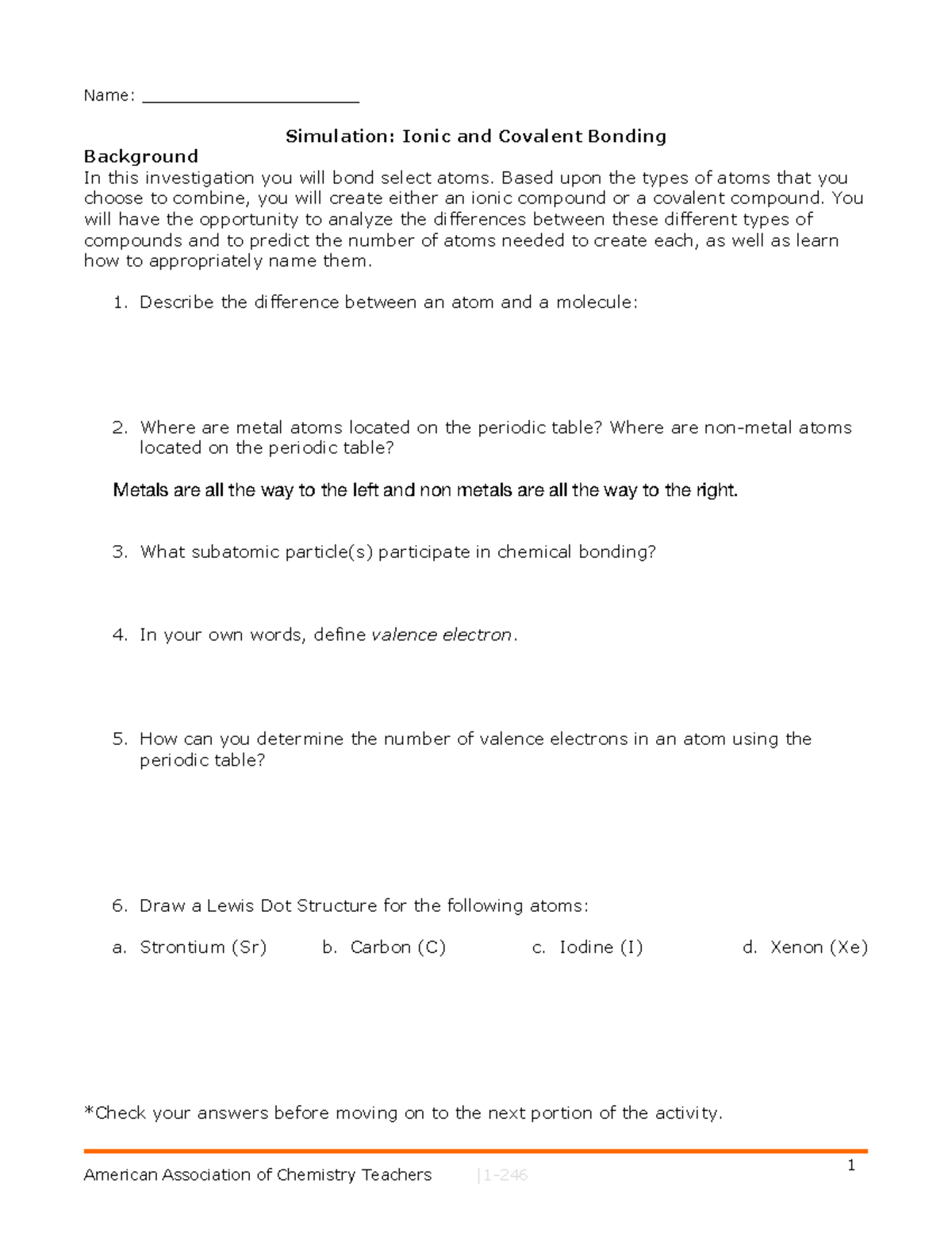 Ionic and Covalent Bonding Simulation 1 Name