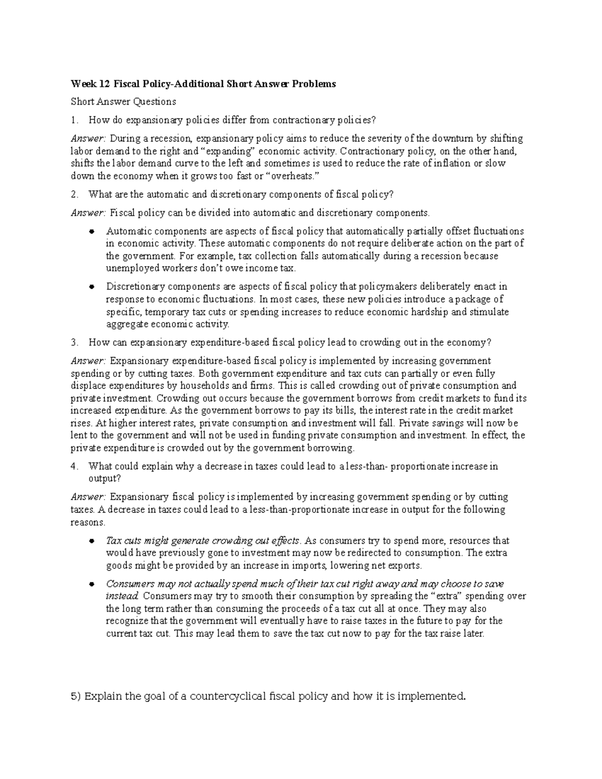 Week 12 Additional Problems Fiscal Policy BANK - Week 12 Fiscal Policy ...