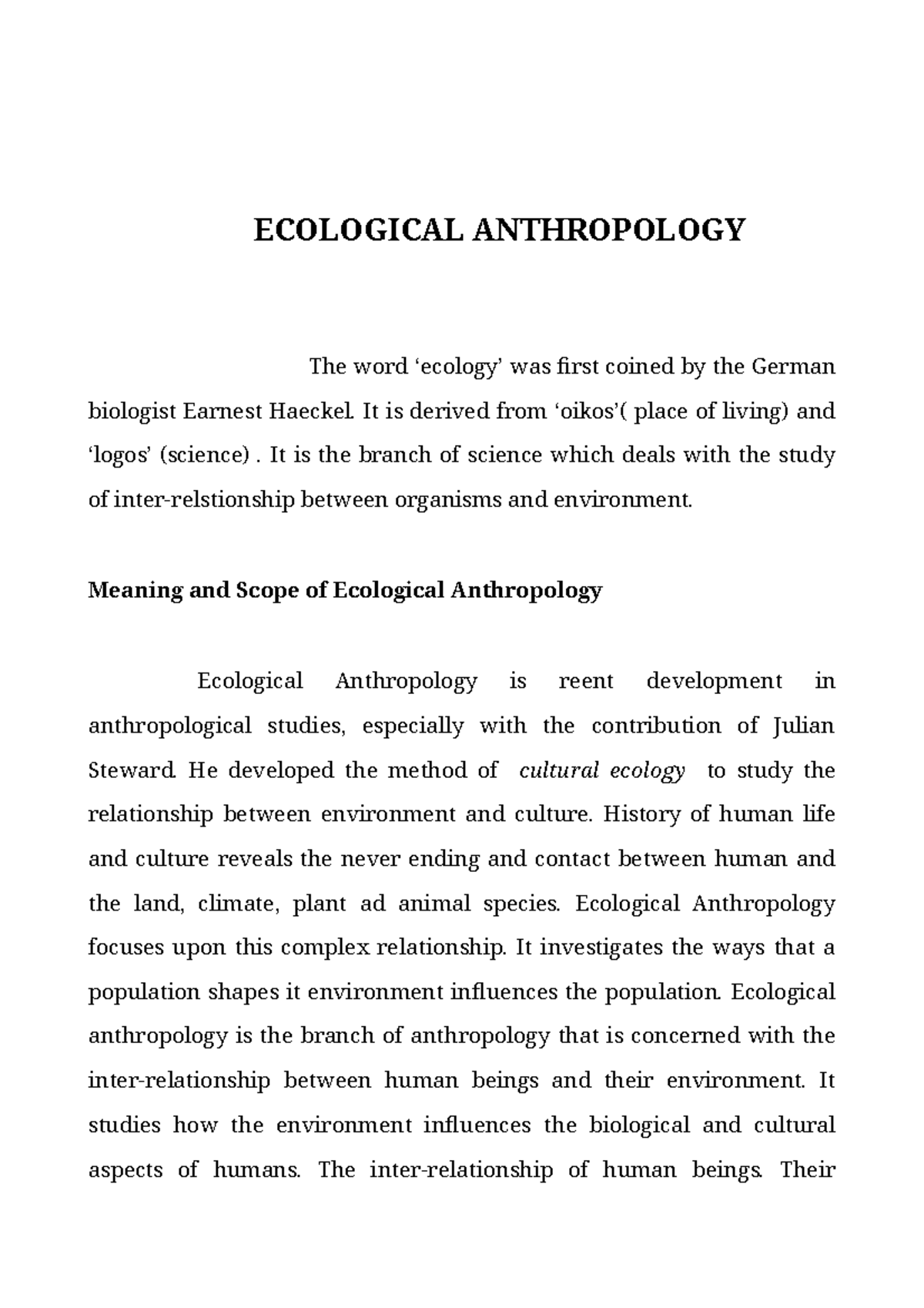 Ecological Anthropology - ECOLOGICAL ANTHROPOLOGY The Word ‘ecology ...