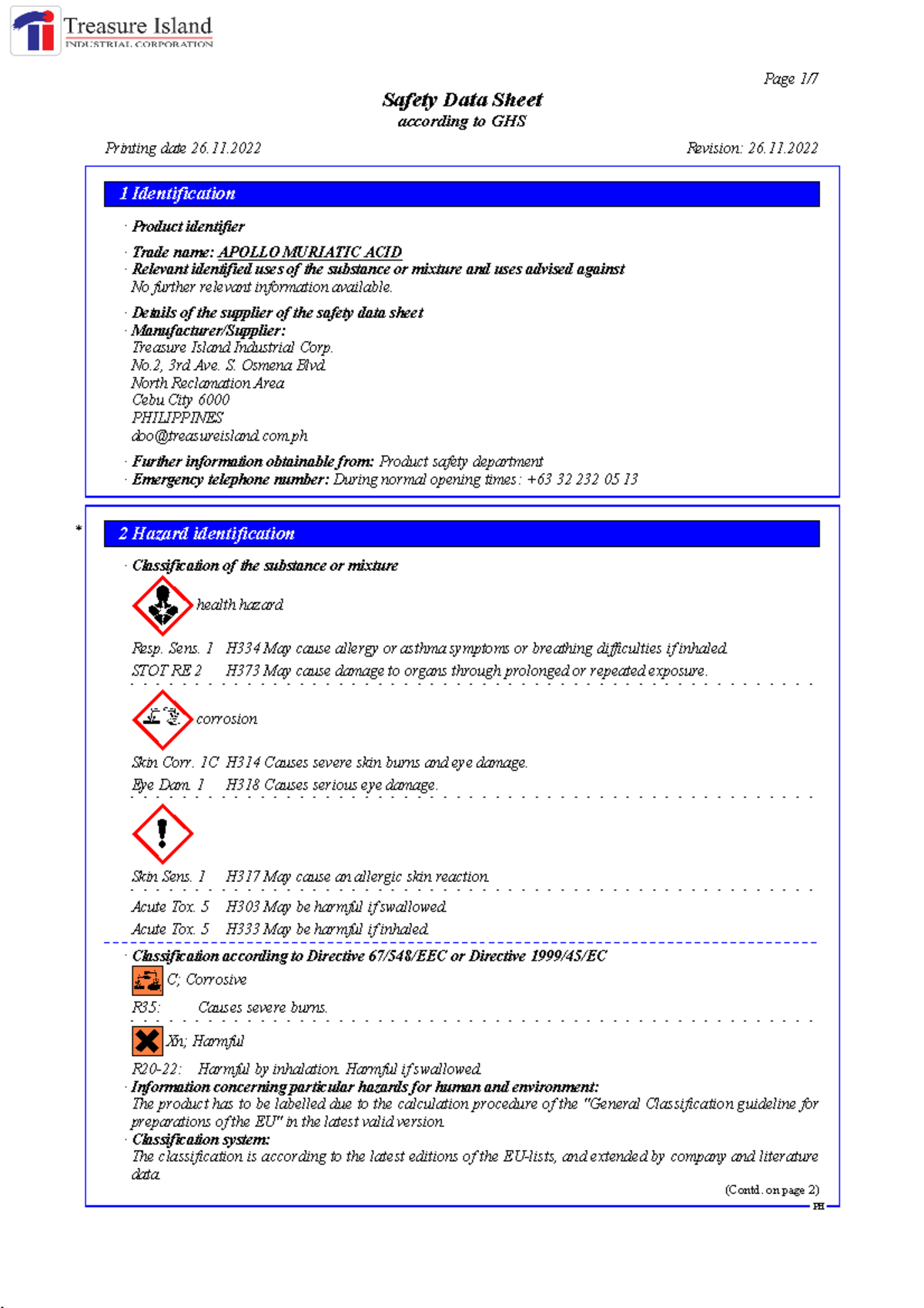 Apollo Muriatic Acid Ph Safety Data Sheet According To Ghs Printing Date 2611 Revision 26 9046