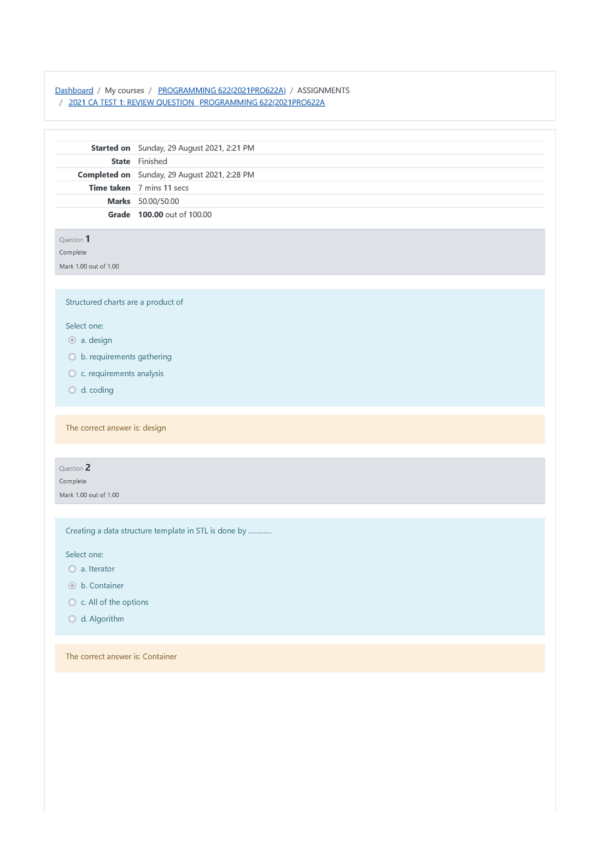 2021 CA TEST 1 Review Question Programming 622 2021PRO622A Attempt ...