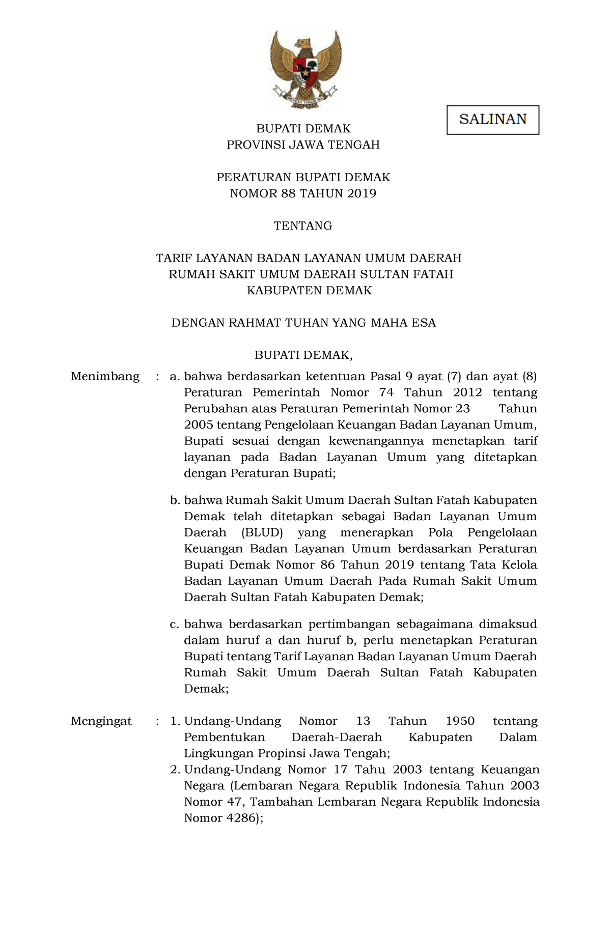 Perbub Nomor 88 Tahun 2019 Tentang Tarif Layanan Badan Layanan UMUM ...