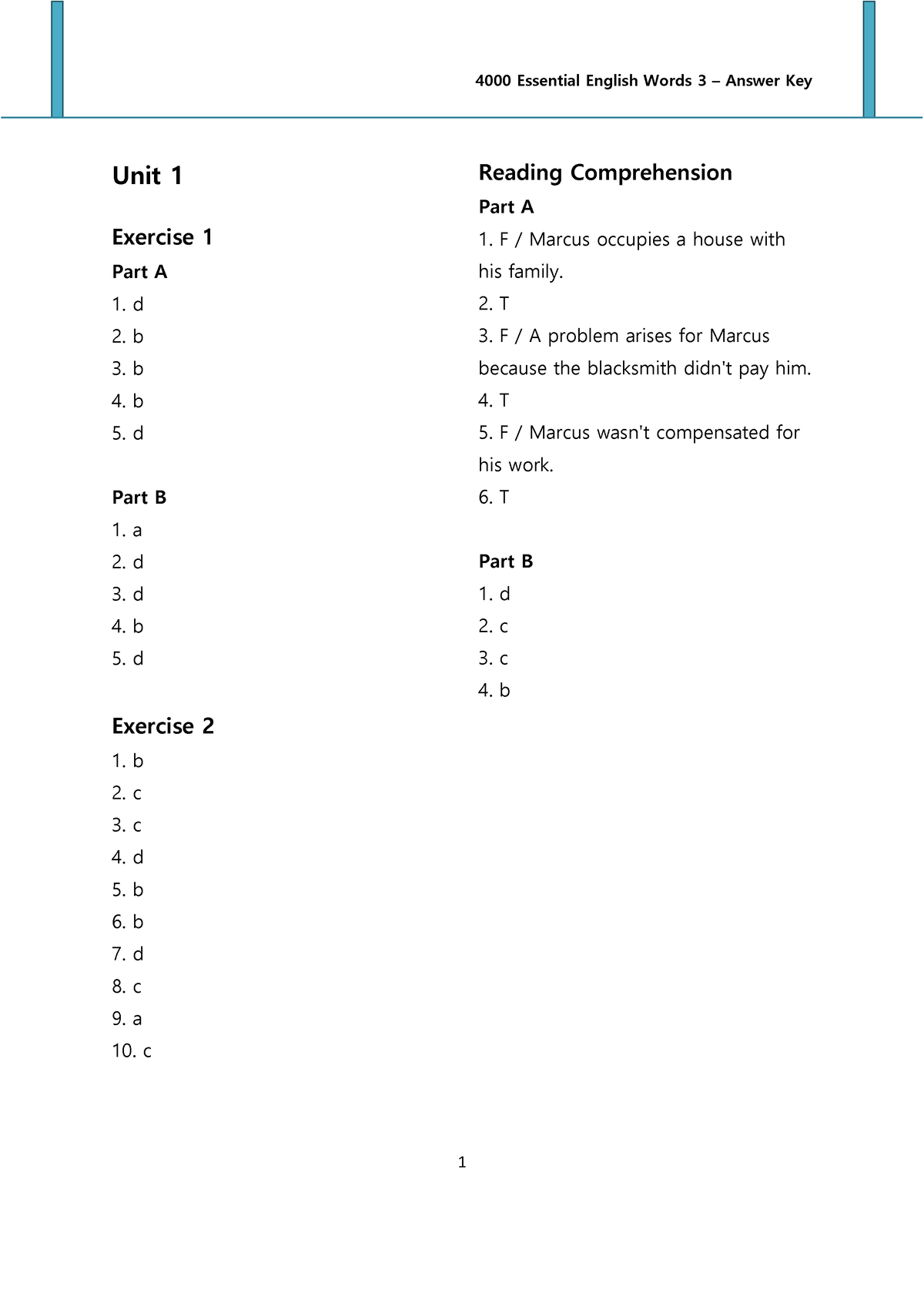 4000 Essential English Words 3 Answer Key Unit 1 Exercise 1 Part A D 