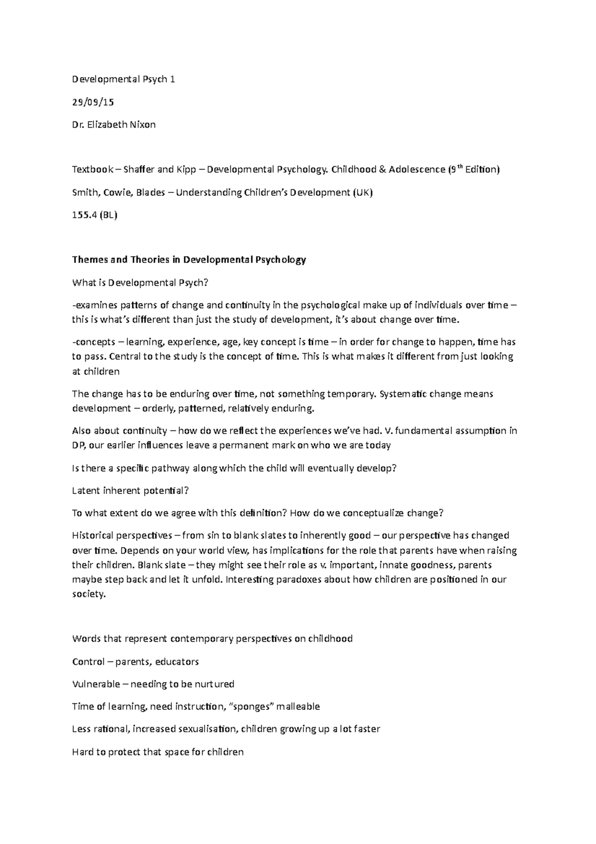 Themes and Theories in Developmental Psychology - Developmental Psych 1 ...