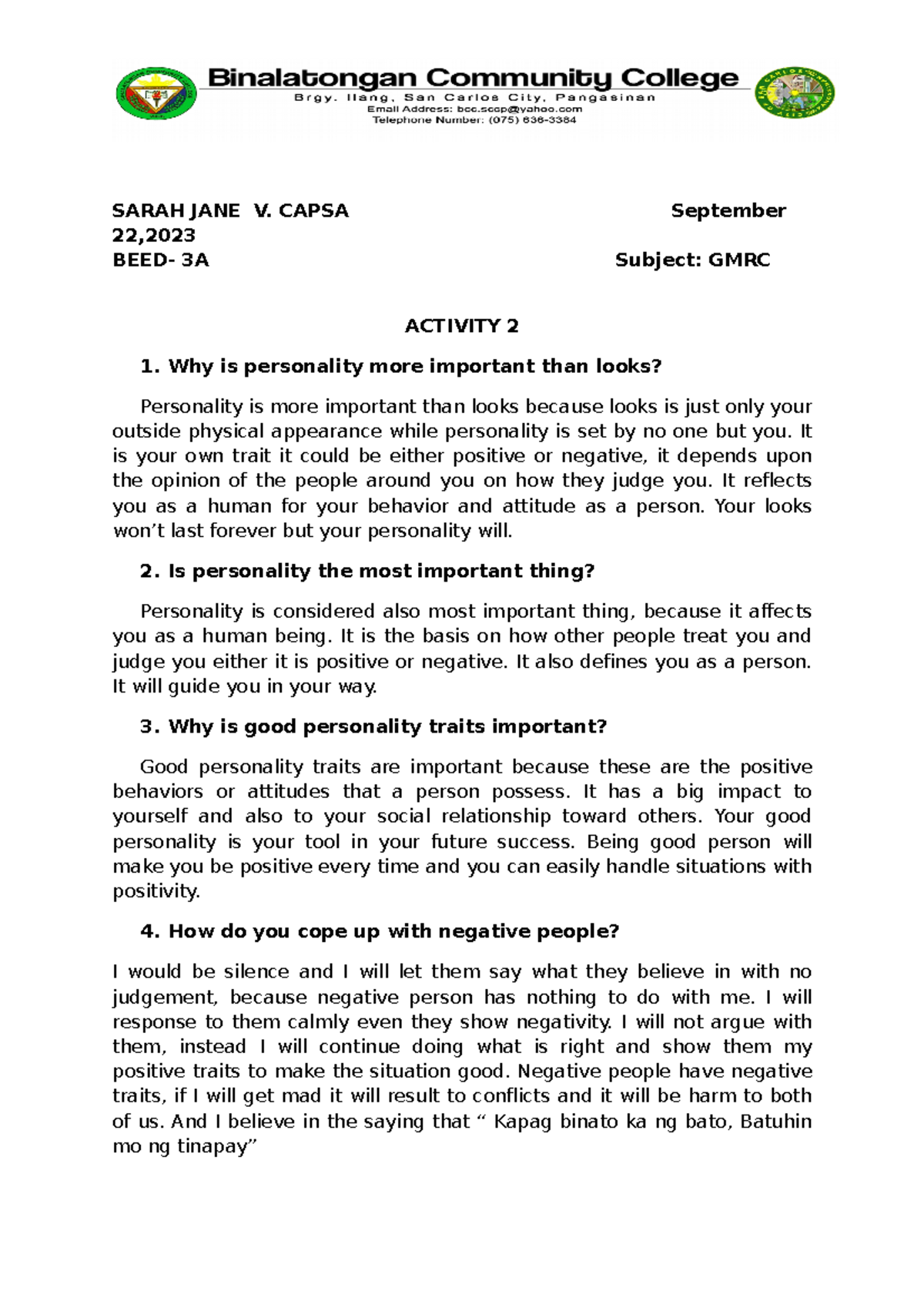 Activity 2 - FDF - SARAH JANE V. CAPSA September 22, BEED- 3A Subject ...