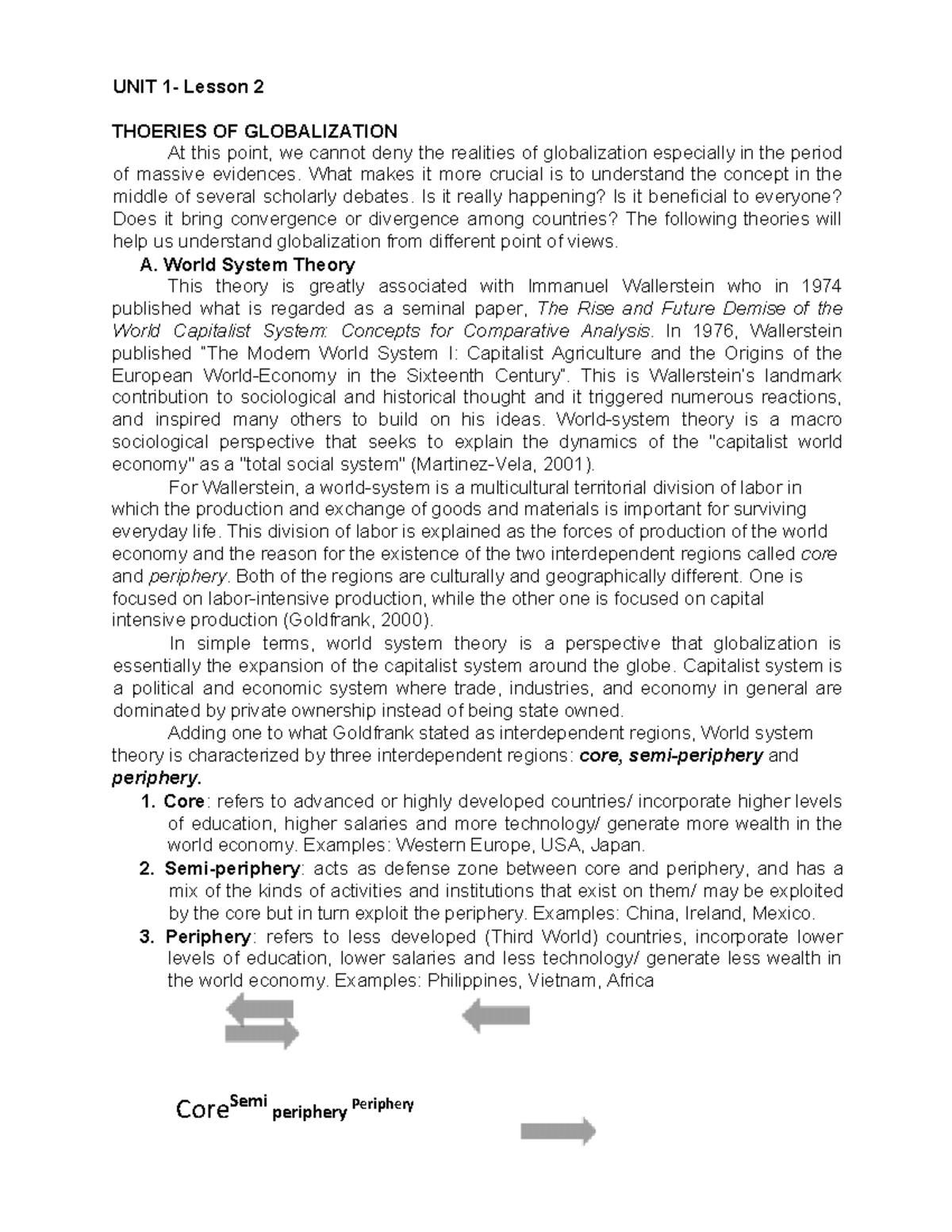 UNIT 1 Lesson 2 Theories of Globalization - UNIT 1- Lesson 2 THOERIES ...
