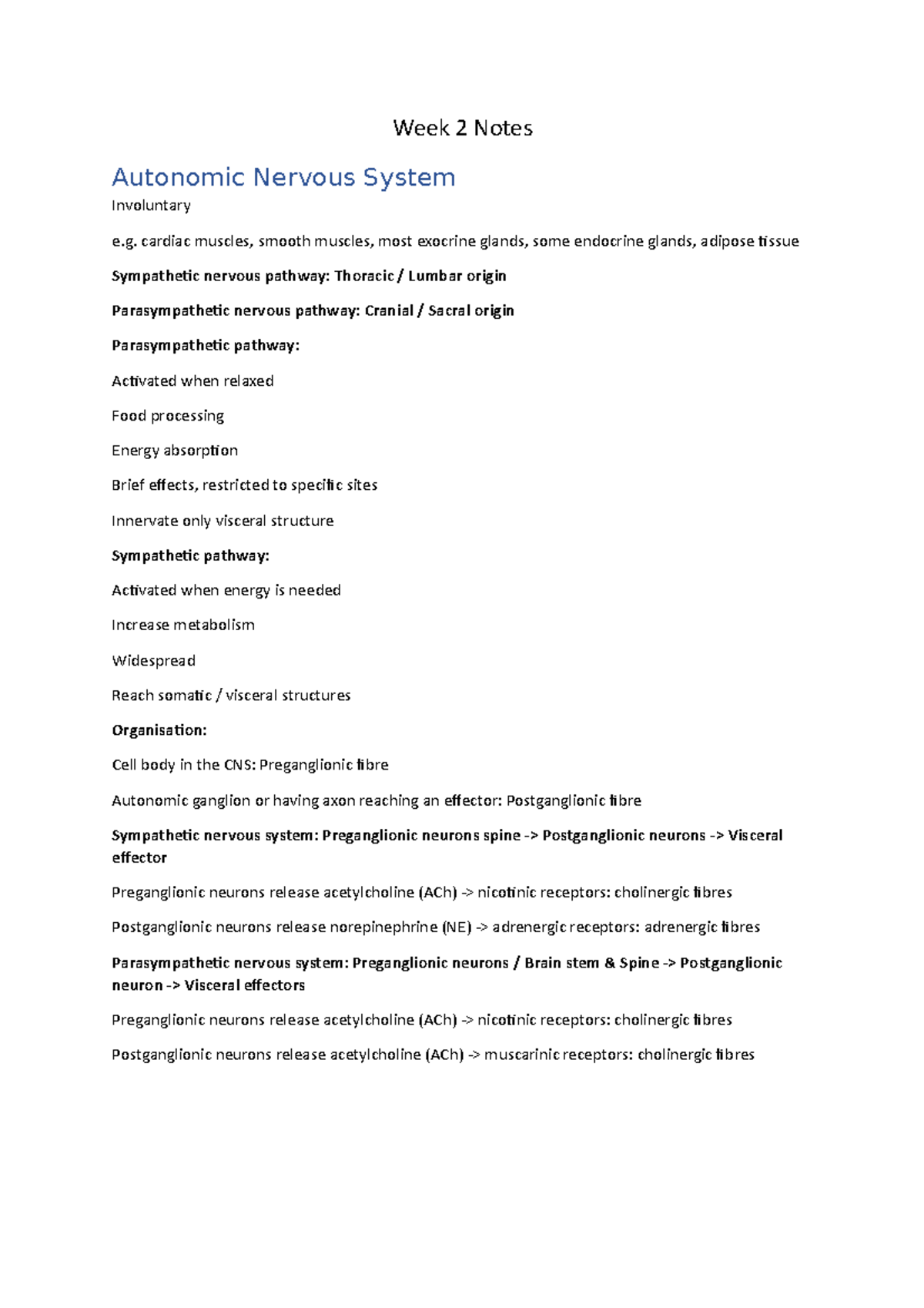 Nervous system part 2 - Week 2 Notes Autonomic Nervous System ...