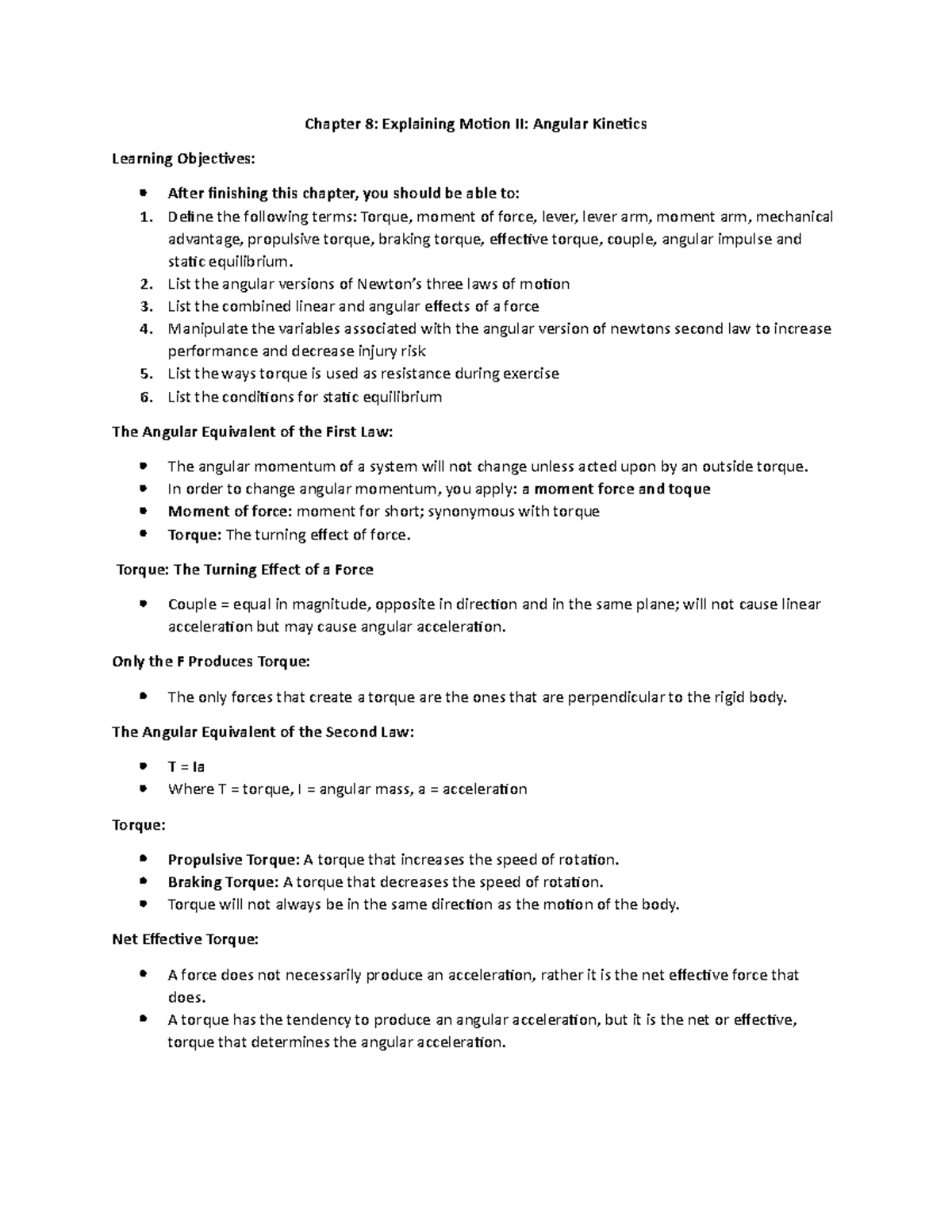 Chapter 8 Explaining Motion Angular Kinetics - Chapter 8: Explaining 