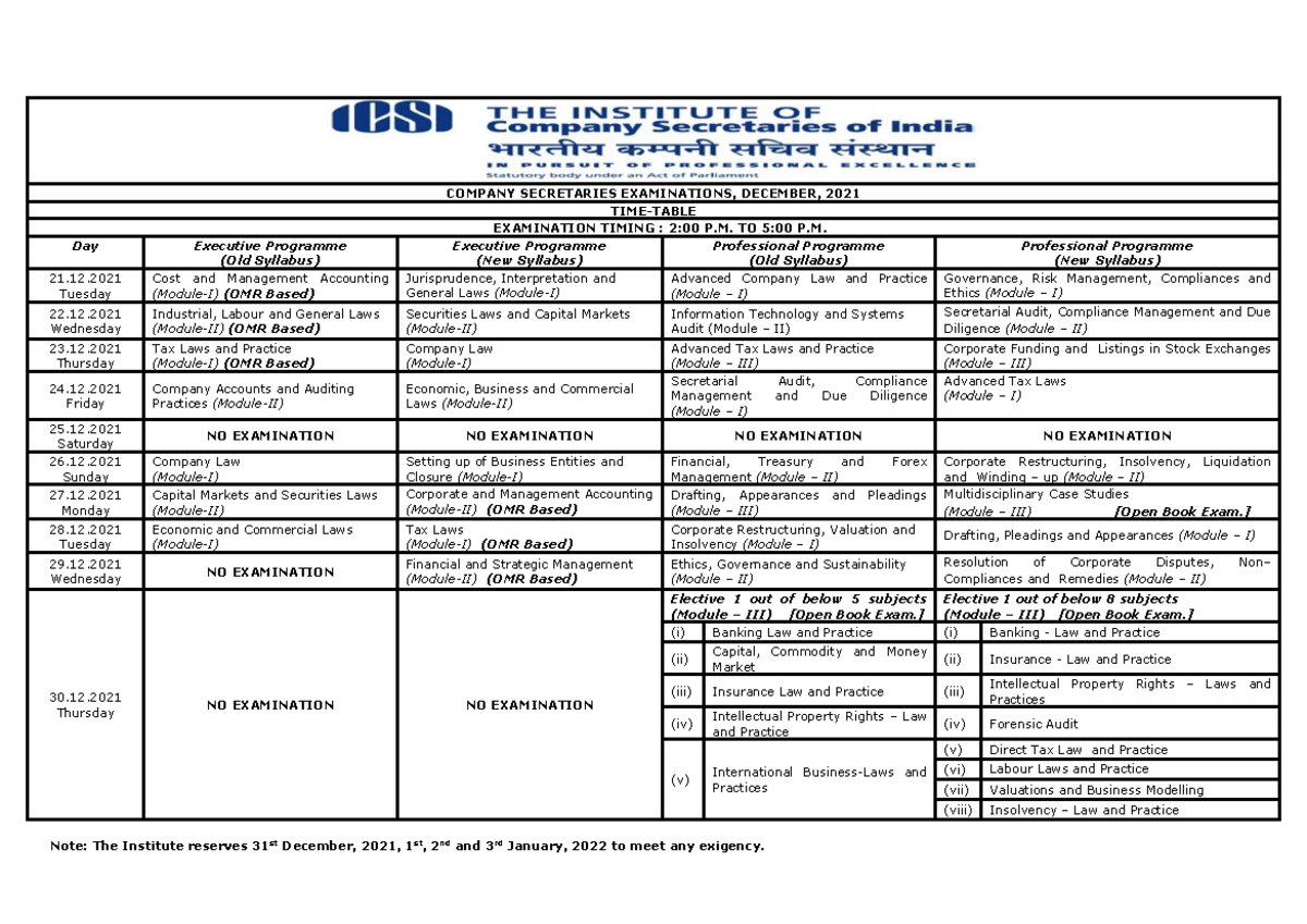 time-table-december-2021-company-secretaries-examinations-december