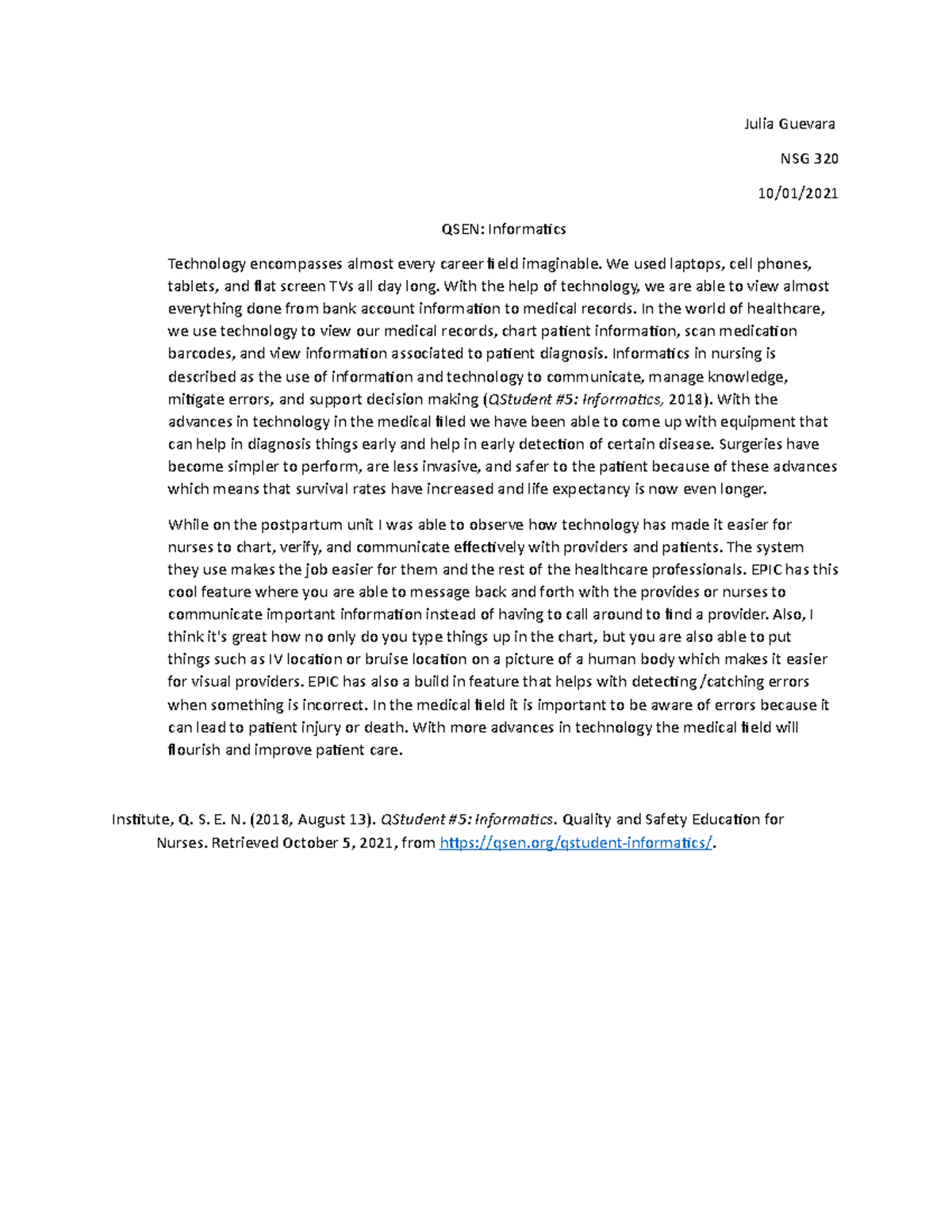 QSEN: Informatics - Julia Guevara NSG 320 10/01/ QSEN: Informatics ...