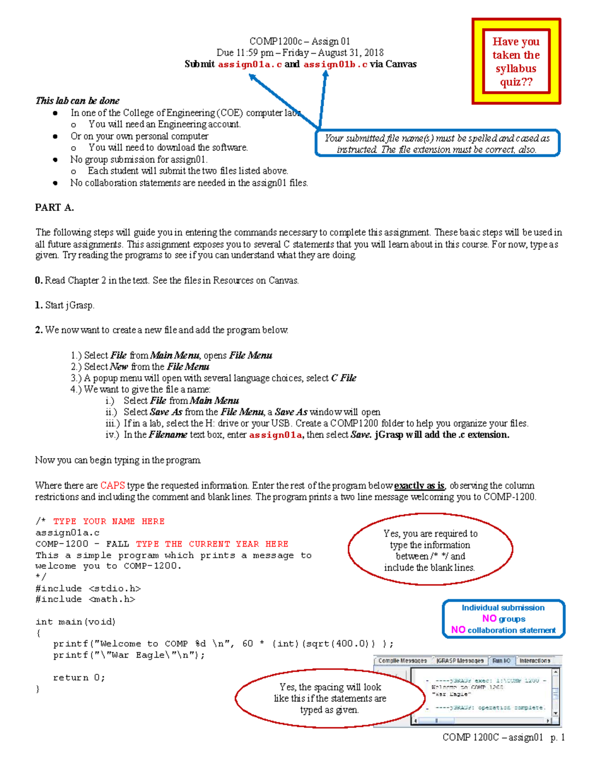 1-assign 01 - Lecture Notes - COMP 1200C – Assign01 P. 1 COMP1200c ...