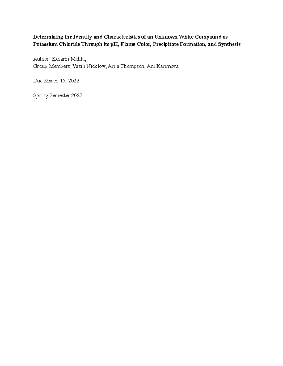 UWC Lab Report 2nd Submission - Determining the Identity and ...