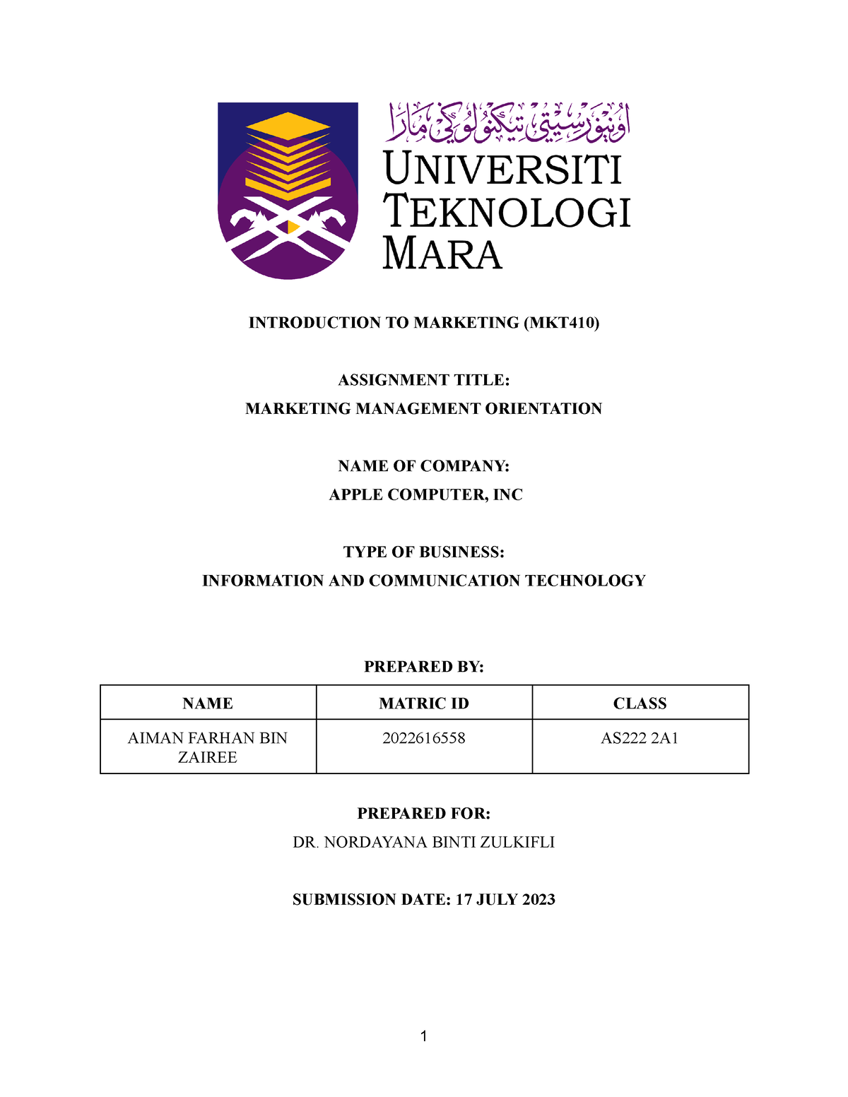 mkt 410 individual assignment marketing management orientation