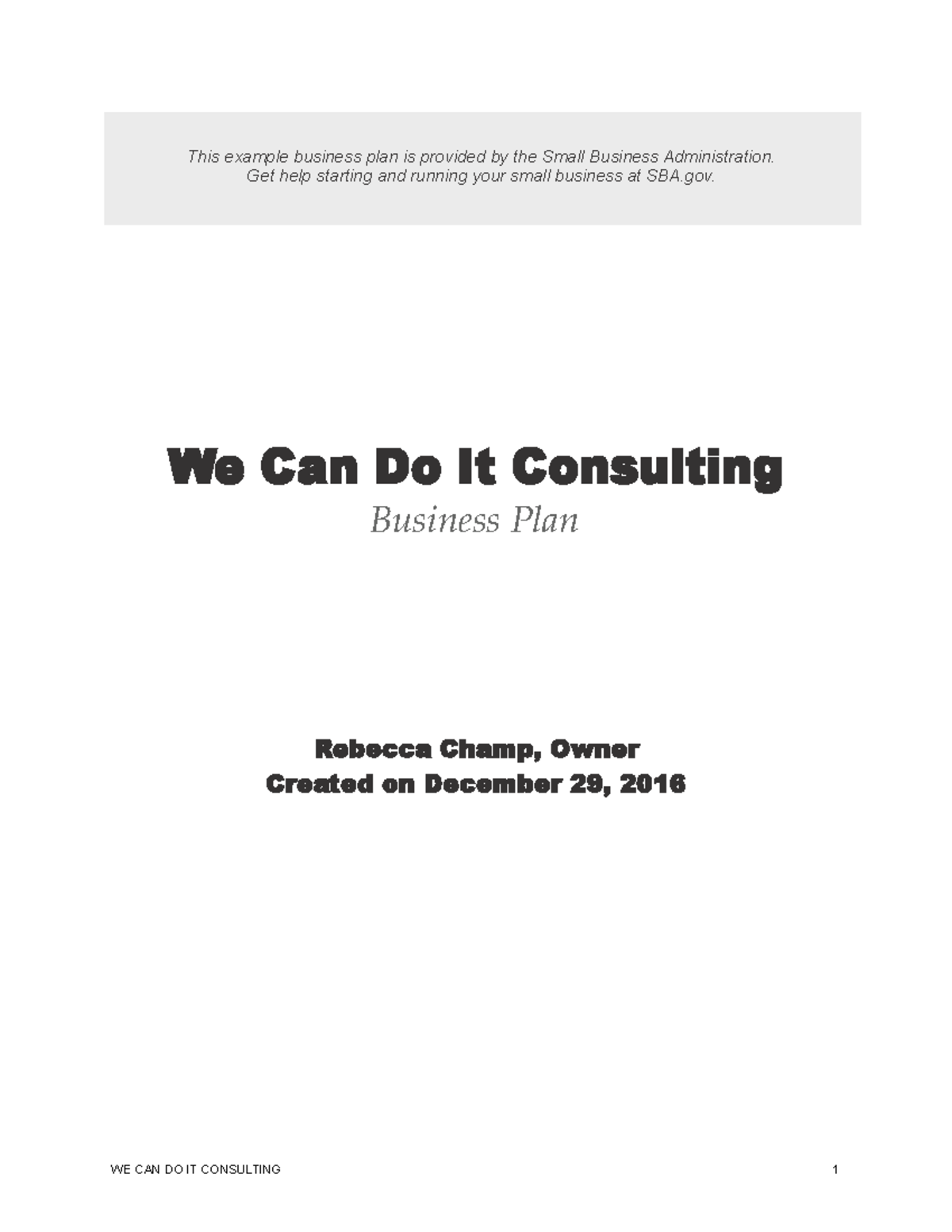 Sample Business Plan - We Can Do It Consulting - BUS 101 - Studocu