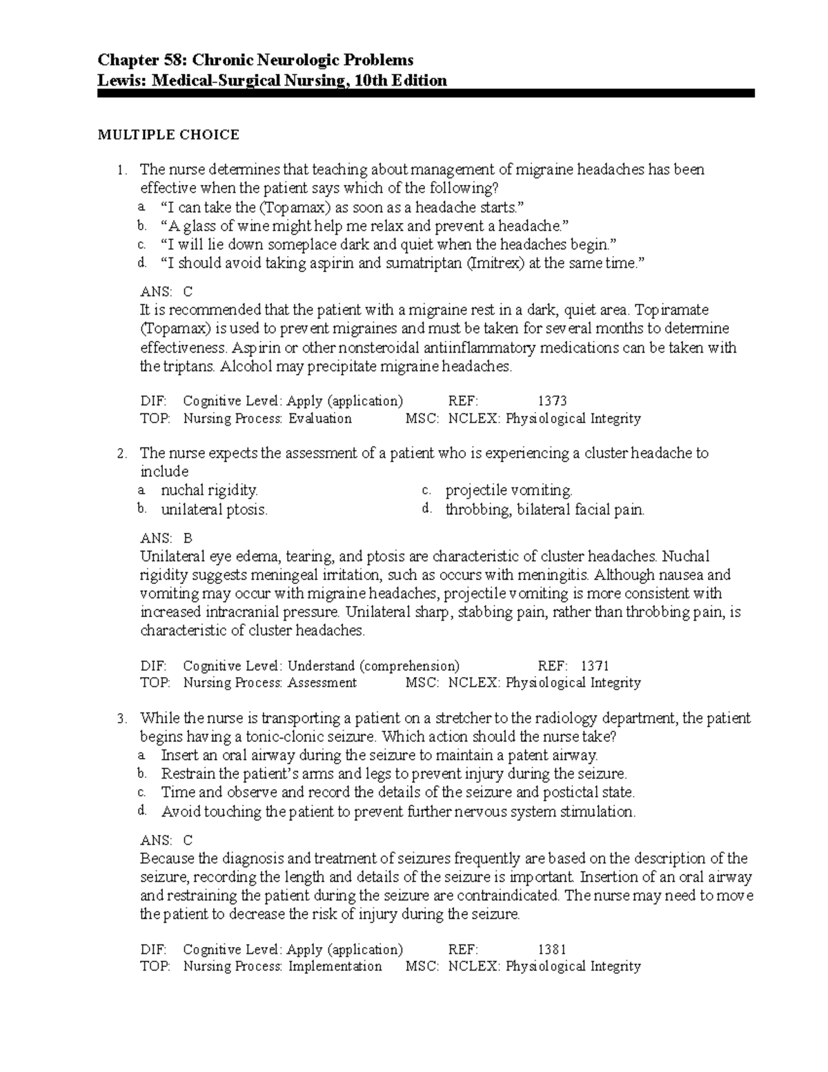 C58 Lewis MedicalSurgical Nursing Practice Questions Chapter 58