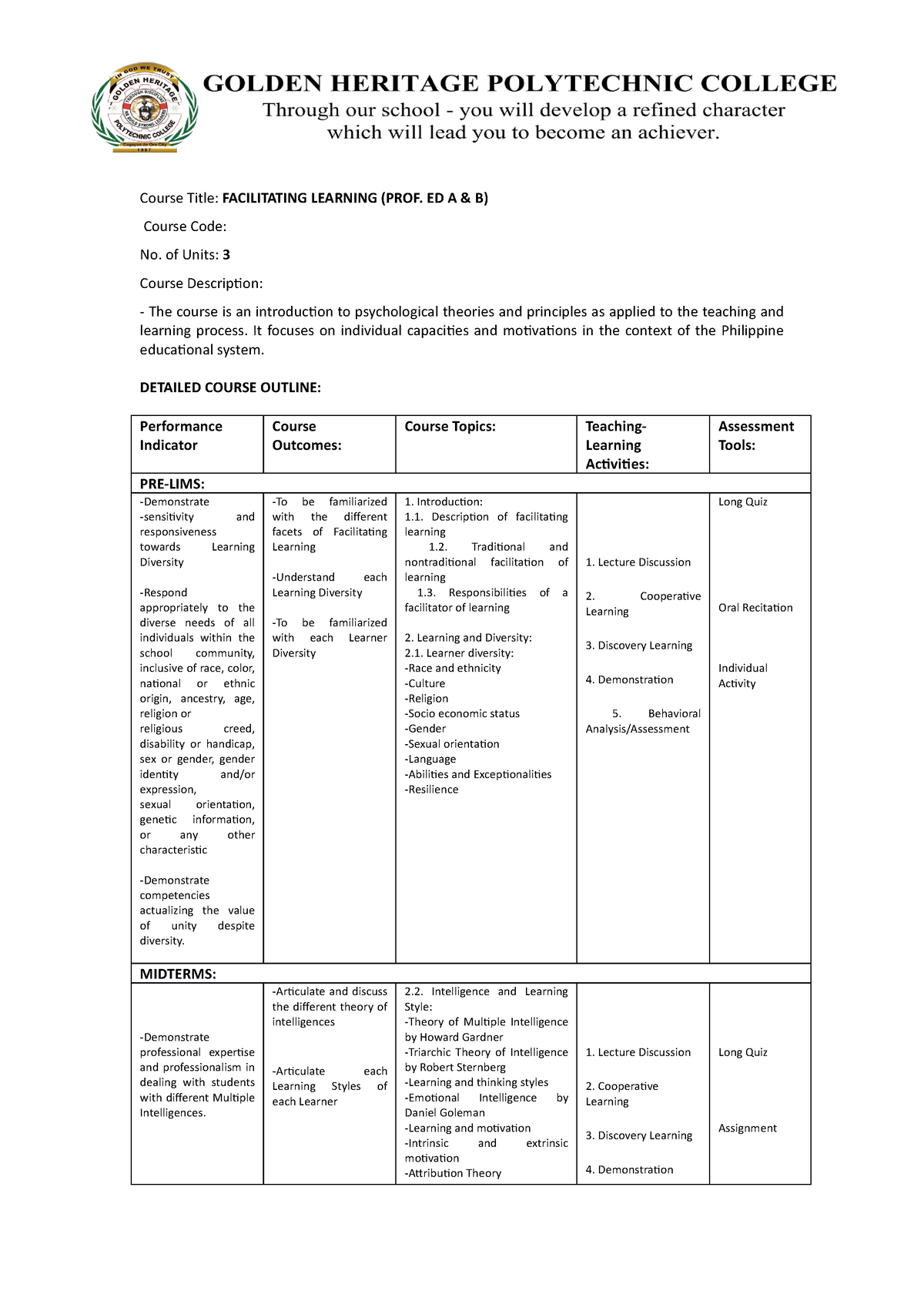 Facilitating Learning - Course Title: FACILITATING LEARNING (PROF. ED A ...