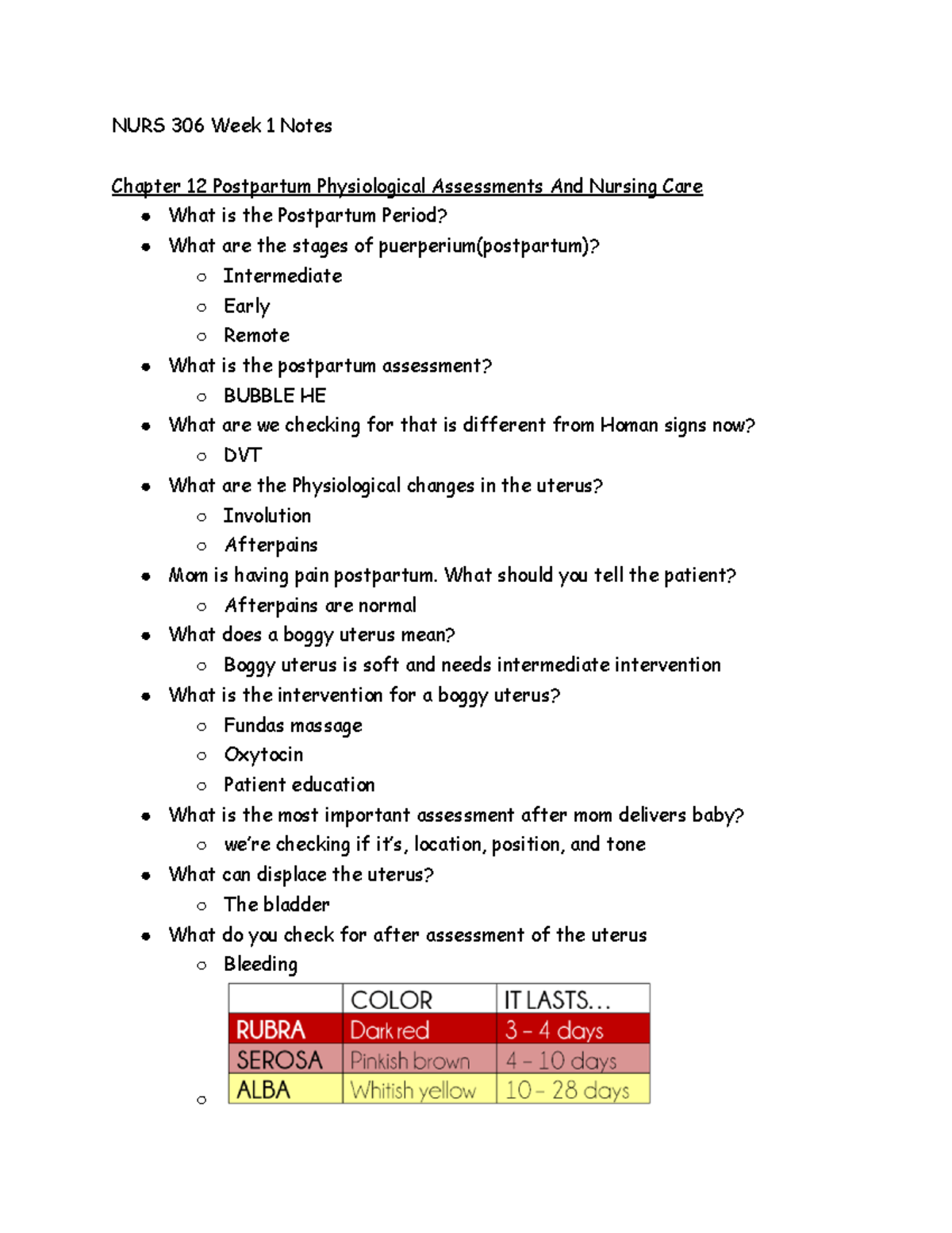 Week 3 OB - Notes for OB - NURS 306 Week 1 Notes Chapter 12 Postpartum ...