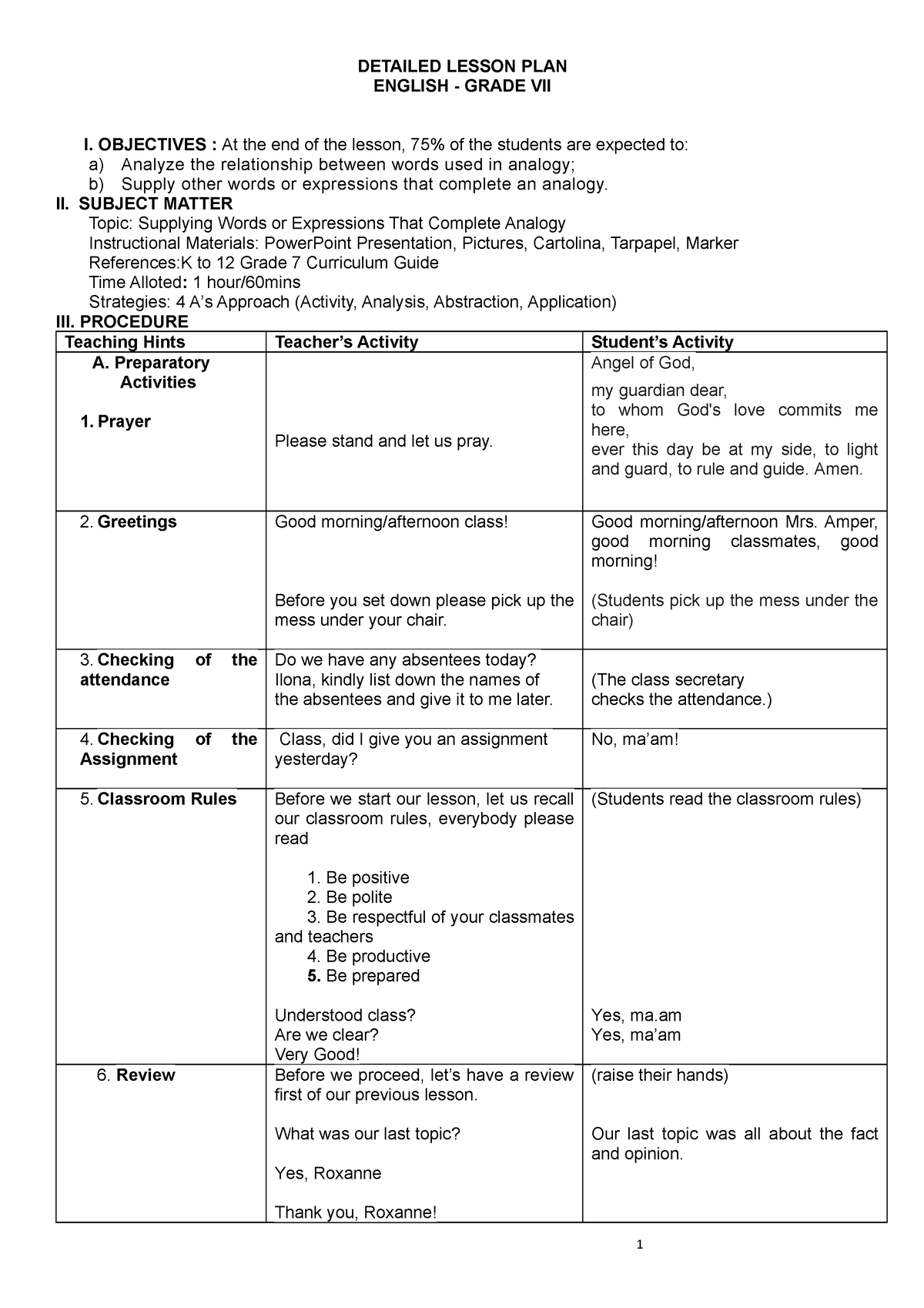Supplying Words Or Expressions That Complete Analogy Detailed Lesson Plan English Grade Vii 0450
