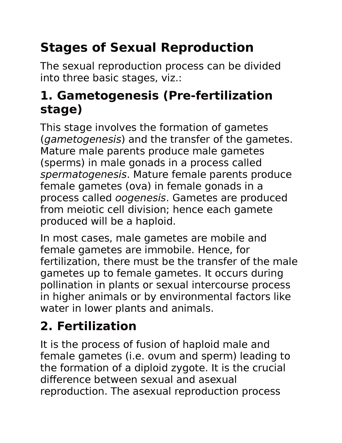 Bio 2 Notes Stages Of Sexual Reproduction The Sexual Reproduction Process Can Be Divided 3883