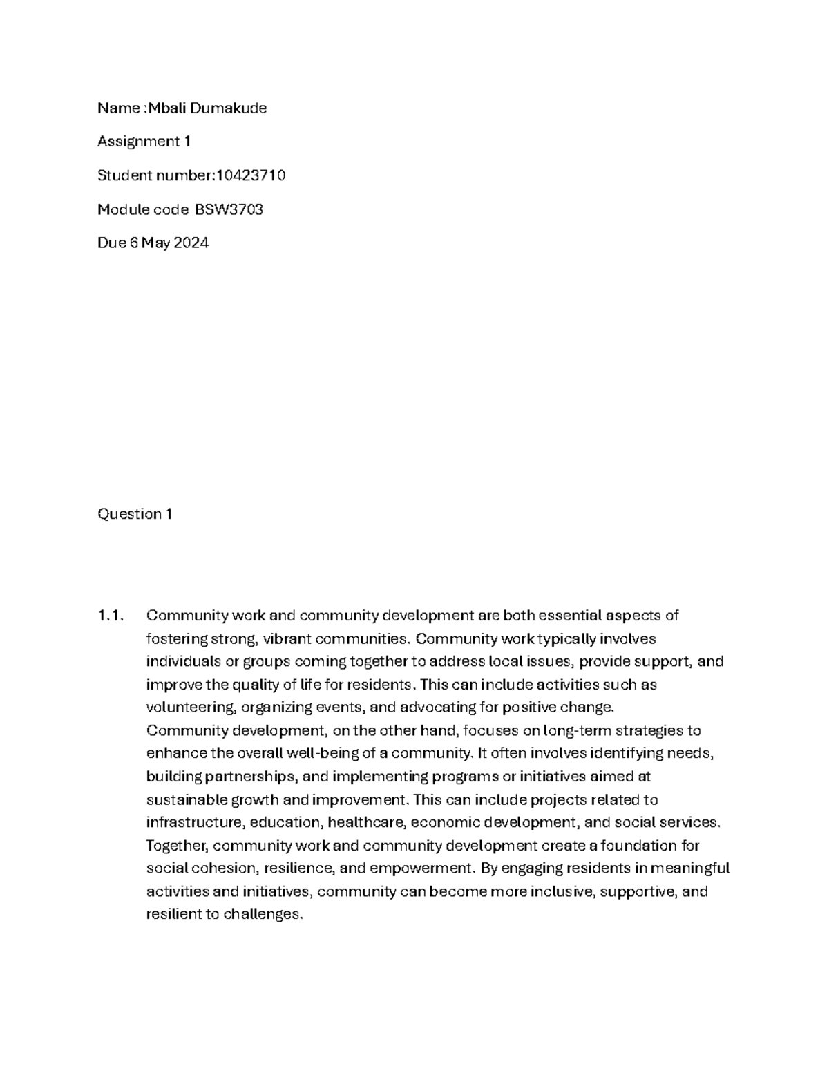 Integrated social work BSW3703 2024 July assignment 2 - Name :Mbali ...