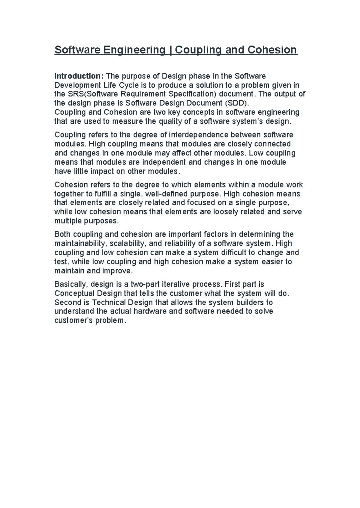 Cohesion & Coupling Software Engineering Coupling and Cohesion