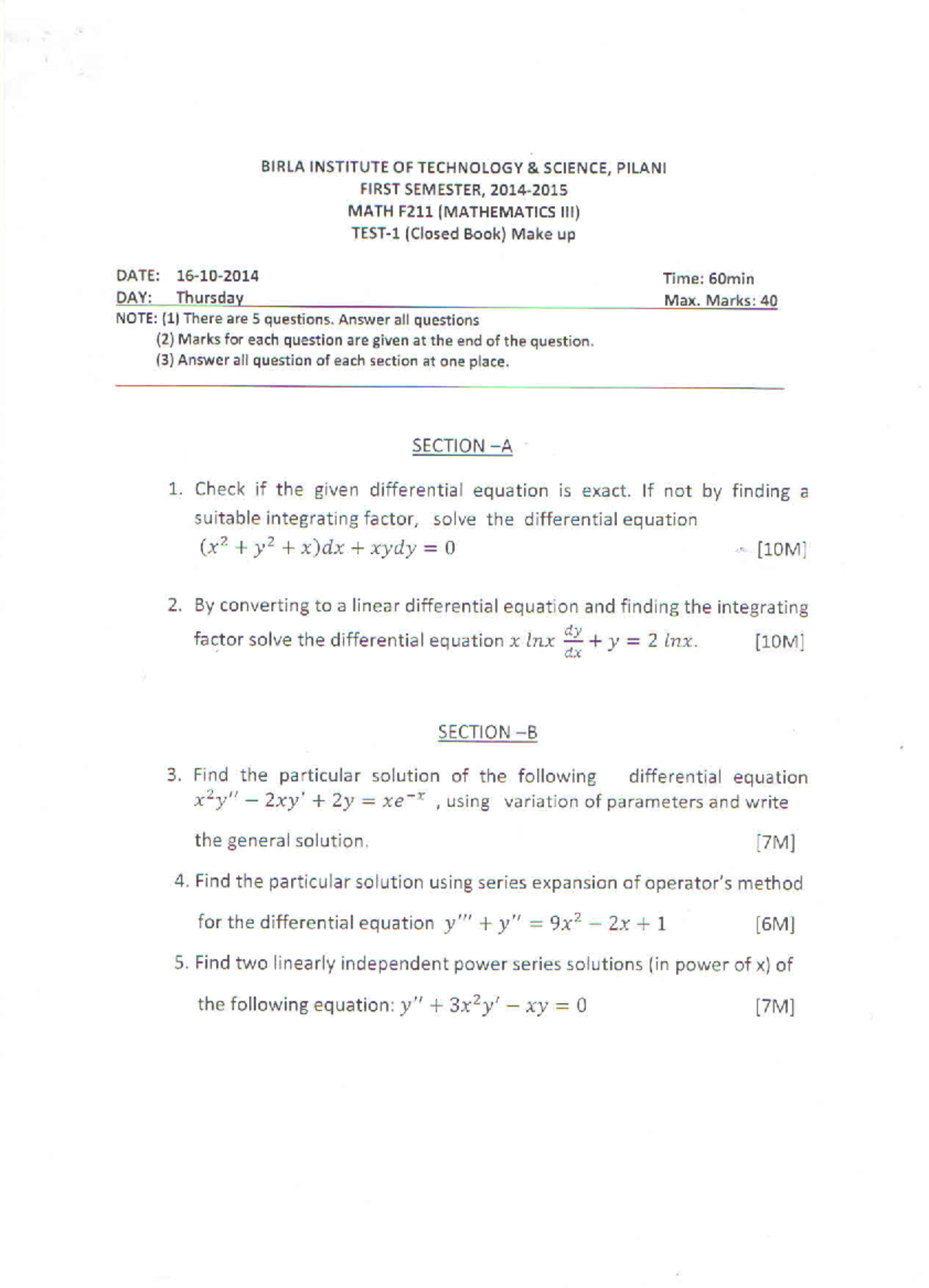 Makeup Test 1 - Previous Years Papers for practice - Mathematics III ...